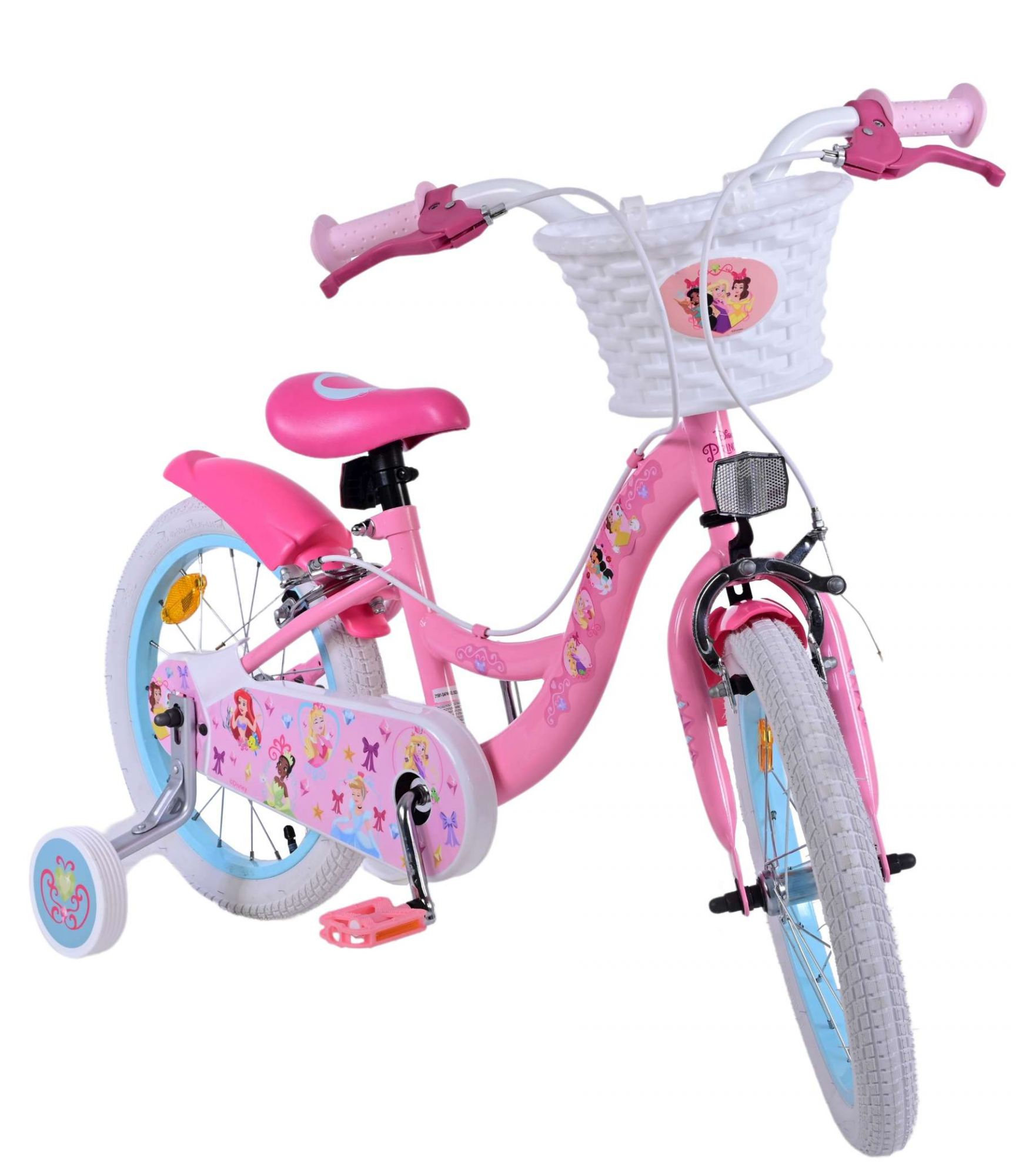 Ein rosa Kinderfahrrad mit Stützrädern, einem Korb und Prinzessinnen-Dekorationen.