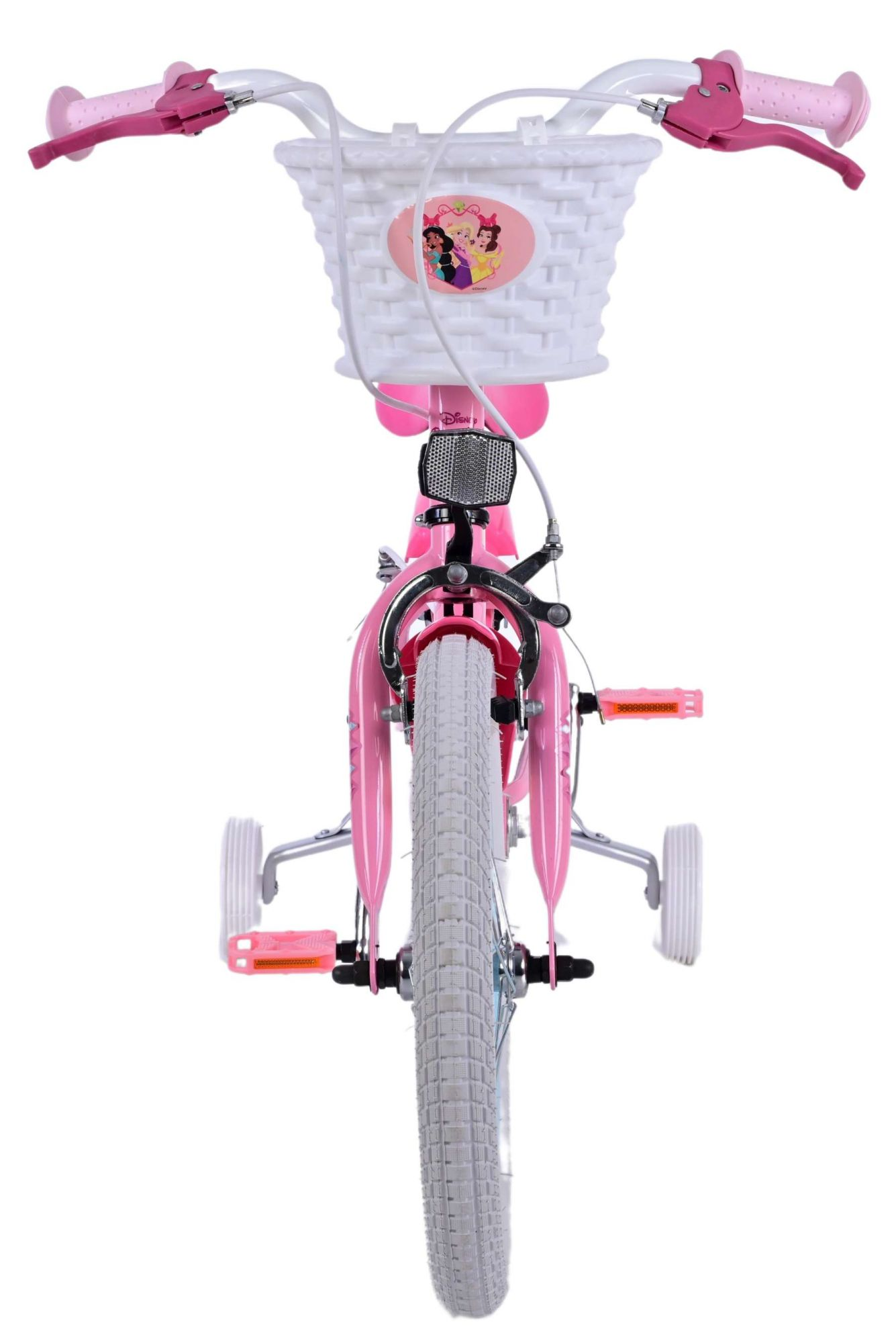 Rosa Fahrrad mit weißem Korb, Stützrädern und einem Bild von Prinzessinnen.