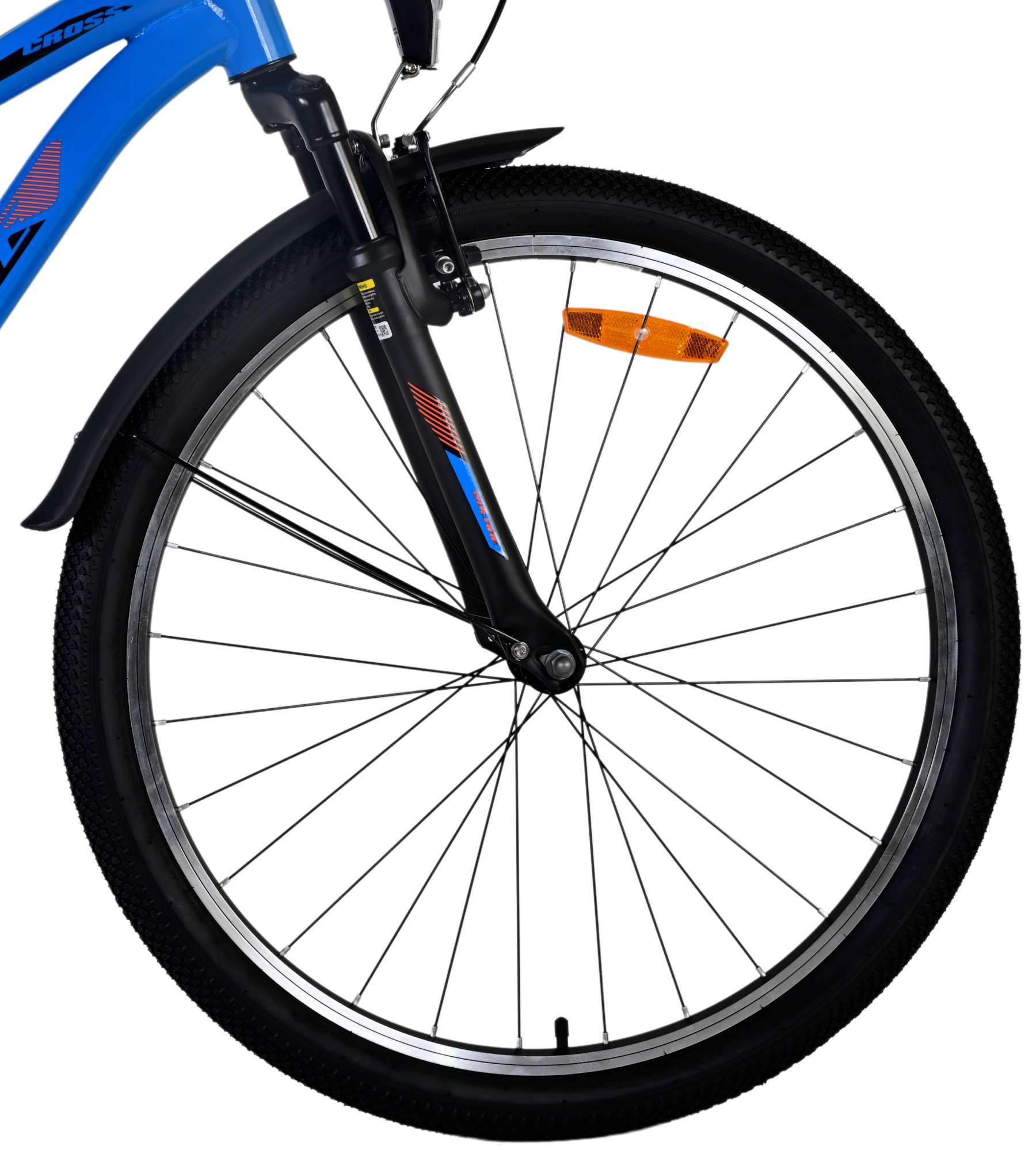 Ein Fahrradrad. Das Rad ist schwarz mit einer blauen Gabel.