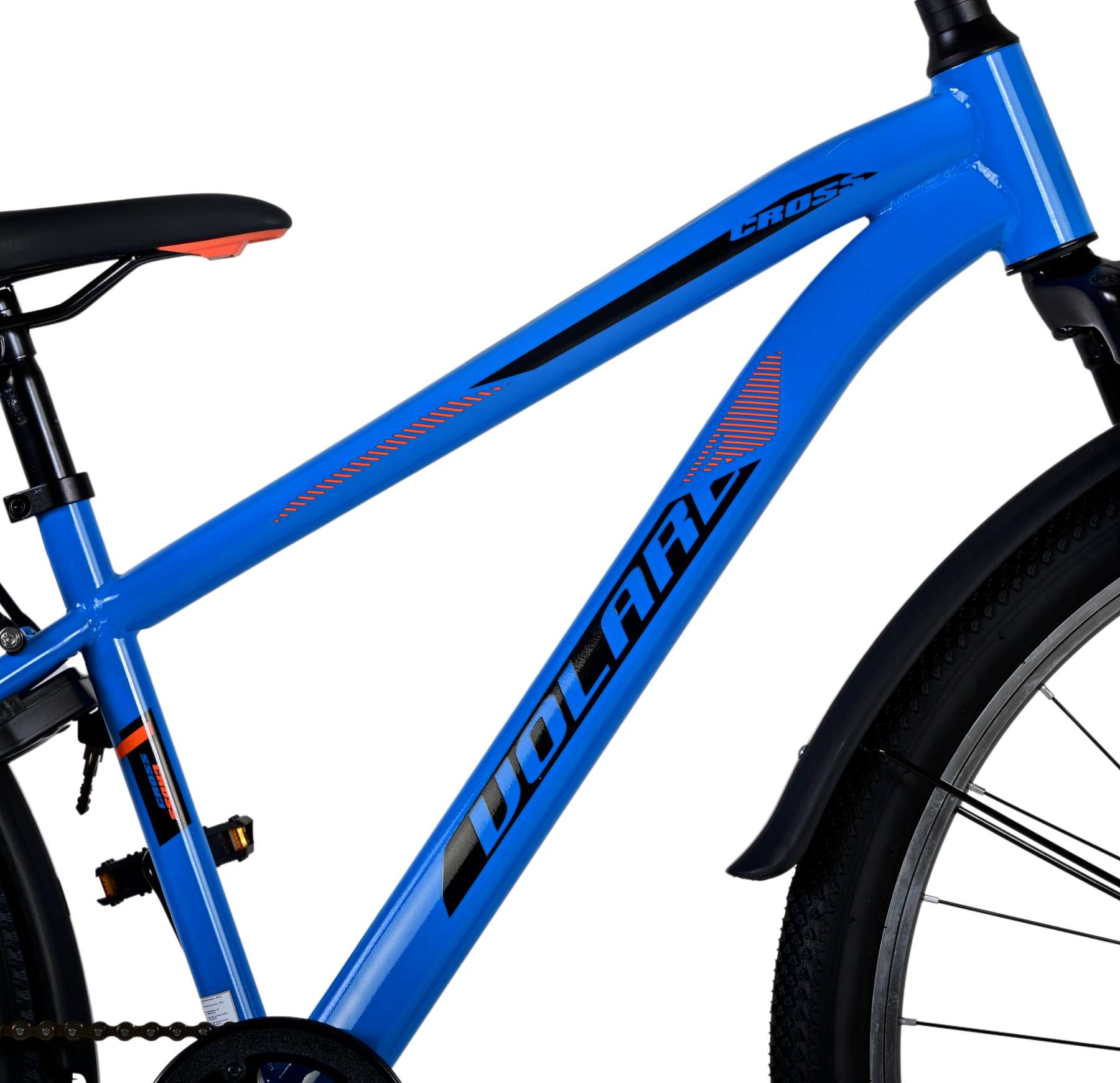 Blauer Fahrradrahmen mit Volare-Label und Cross-Markierungen.