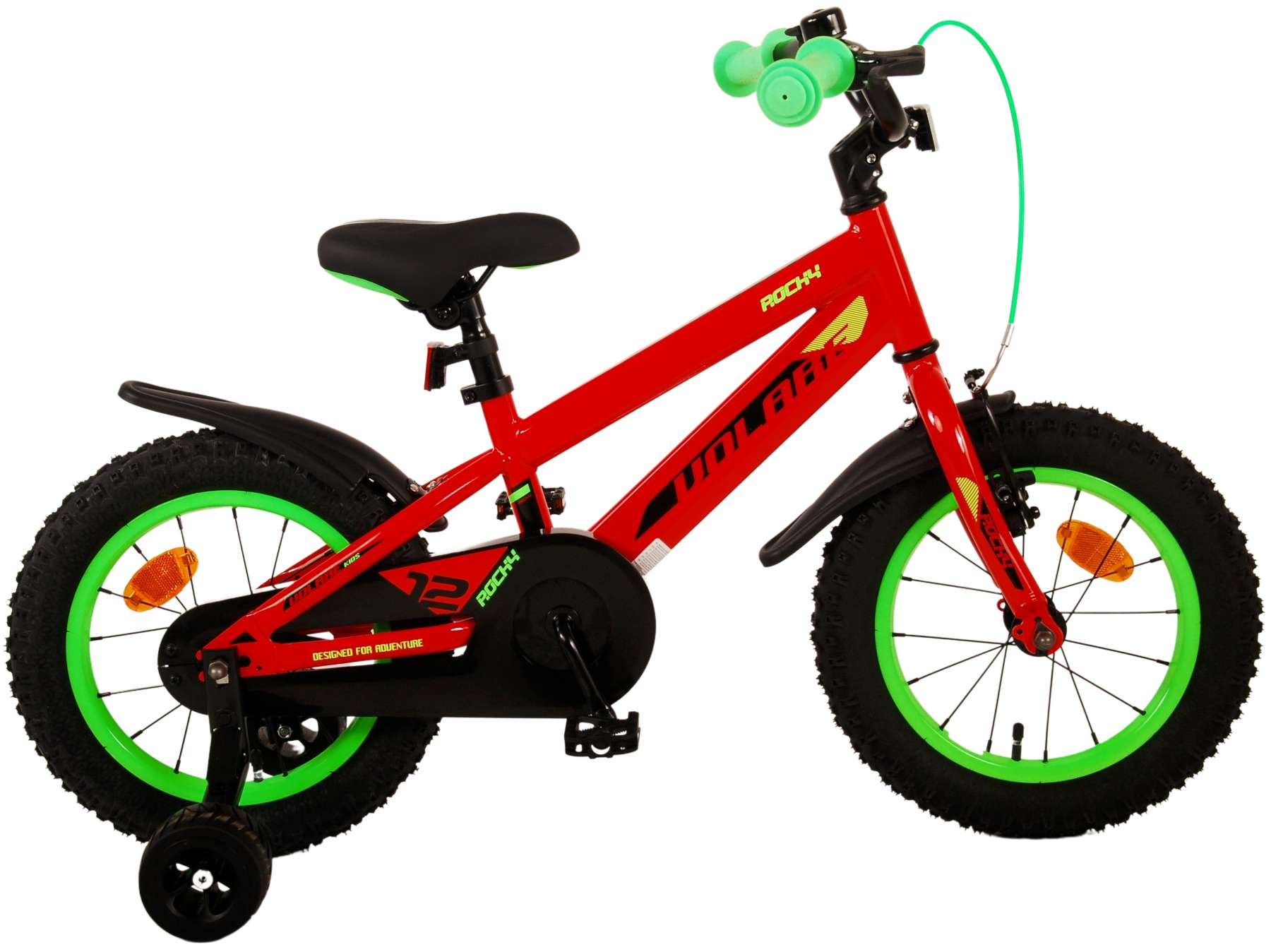 Bici rossa per bambini con ruote verdi. Pneumatici neri e manopole verdi.