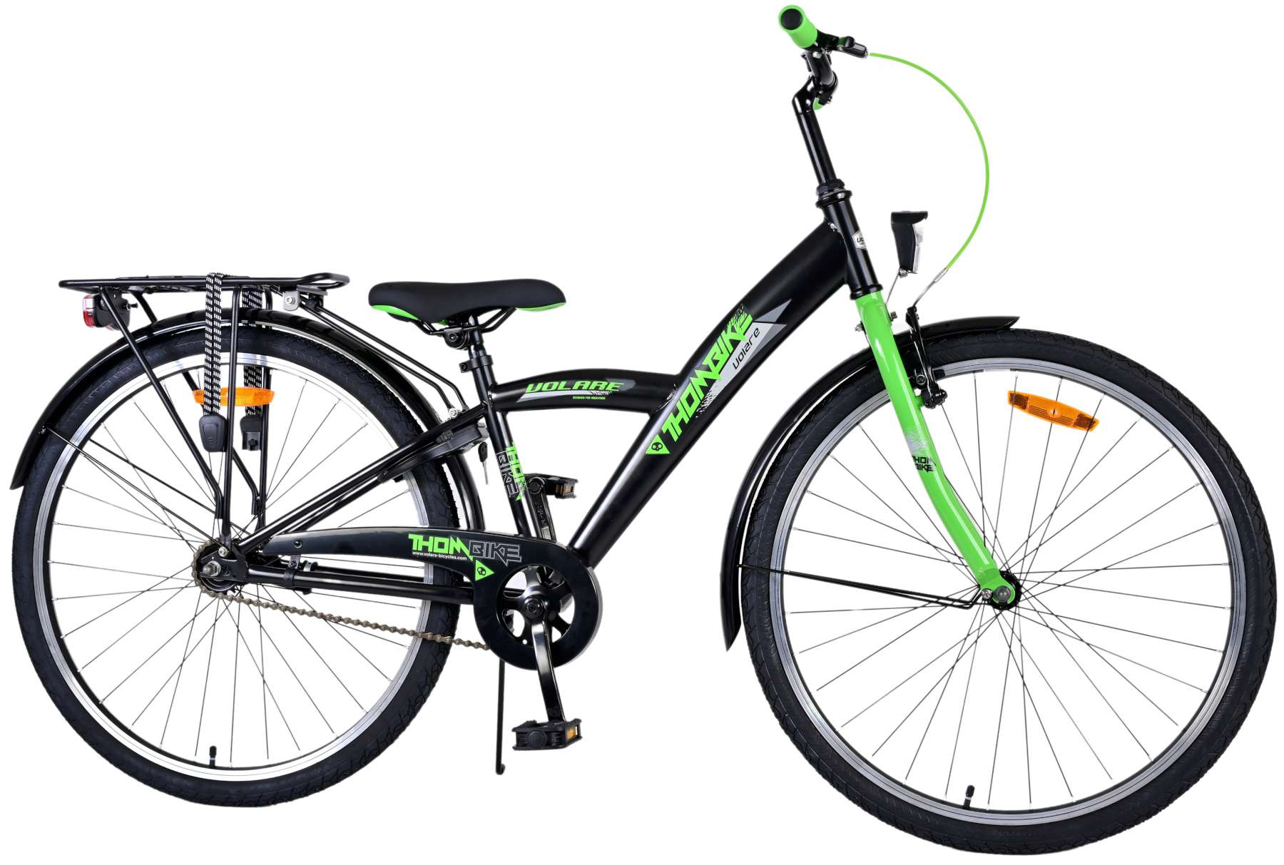 Schwarz-grünes Fahrrad. Das Vorderrad ist grün. Der Name 'THON BIKE' ist sichtbar.