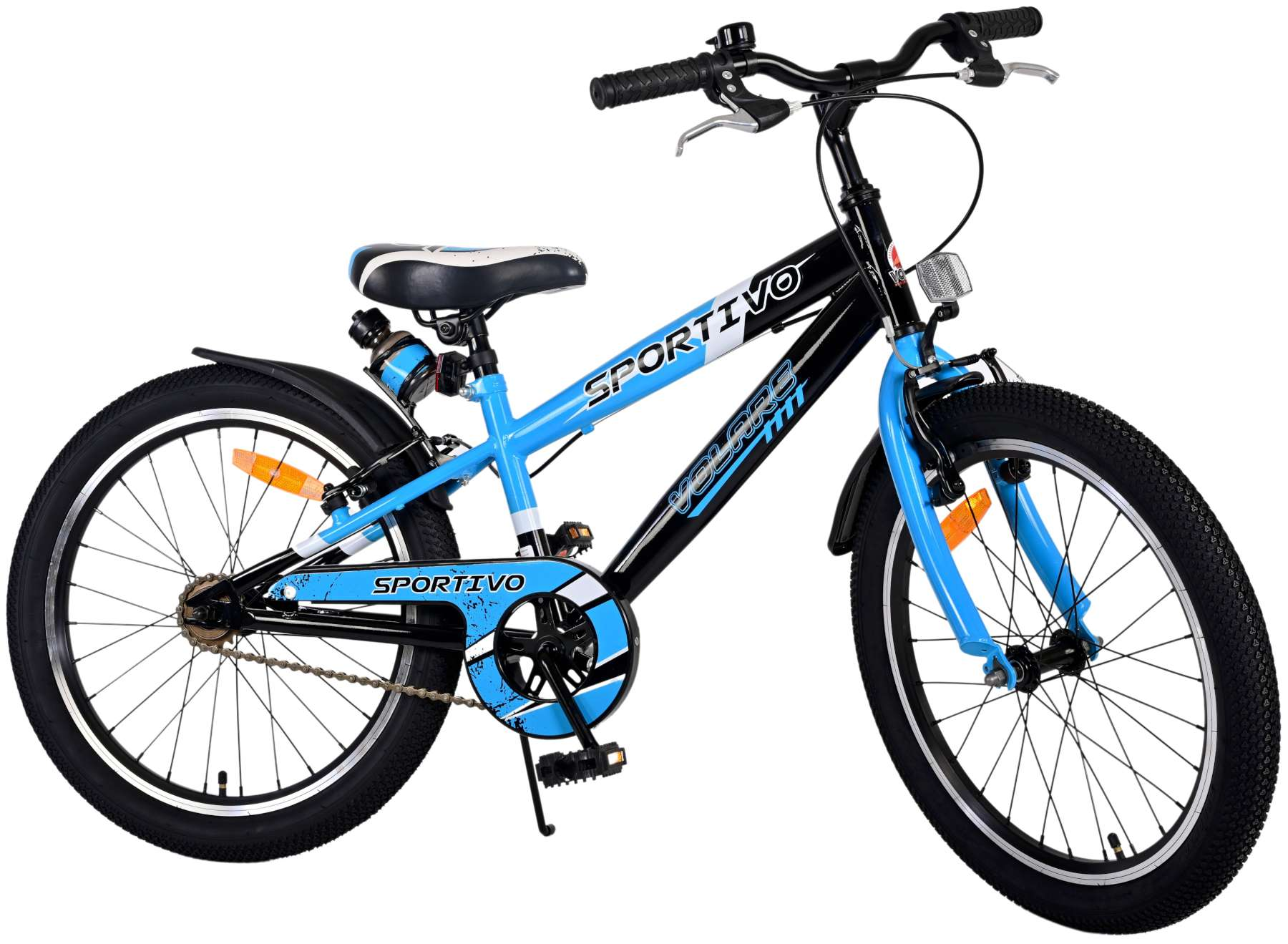 Ein schwarz-blaues Kinderfahrrad mit dem Wort "SPORTIVO" auf dem Rahmen.