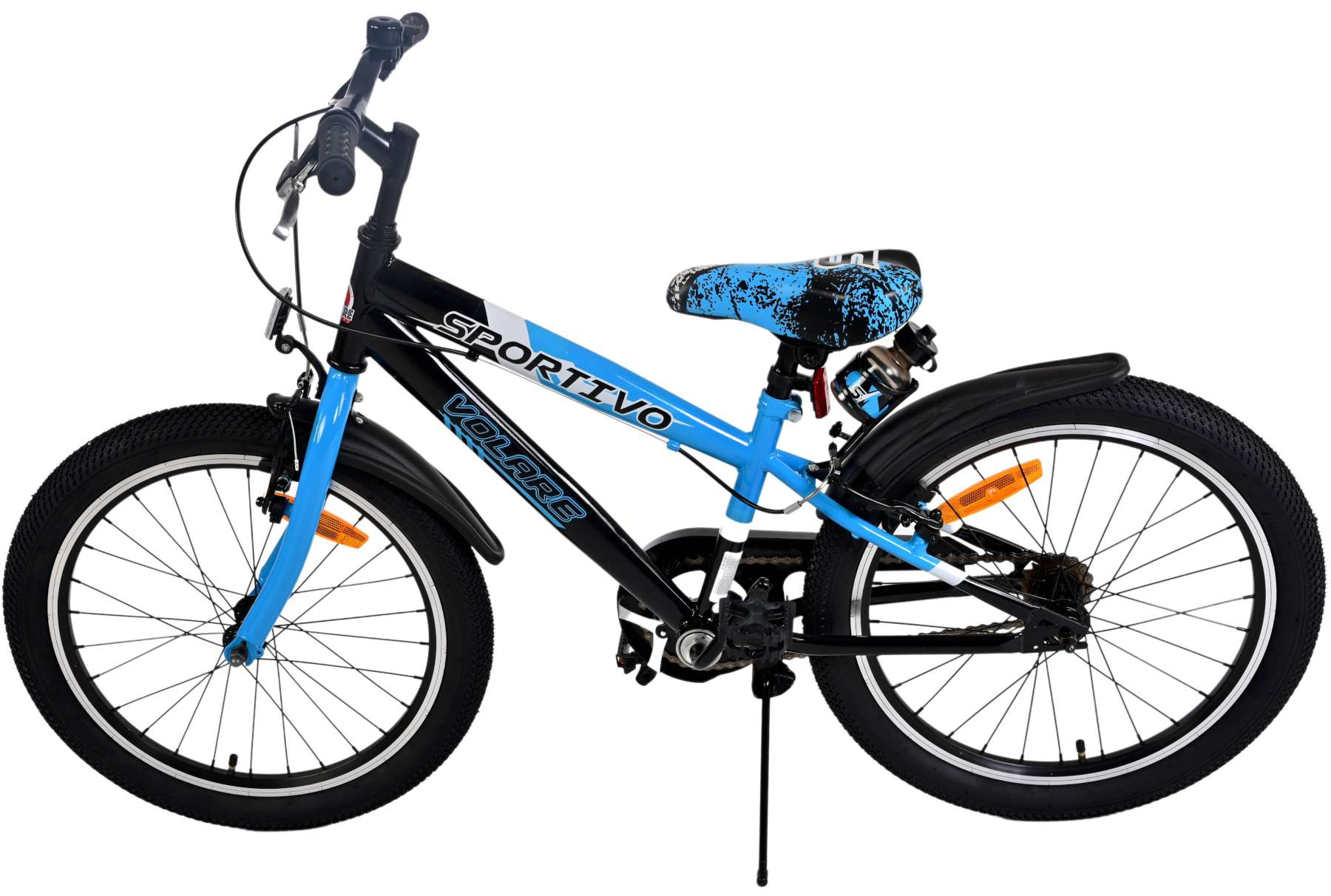 Schwarz-blaues Kinderfahrrad mit 'Sportivo'-Schriftzug, Volare-Logo und Stützrädern.