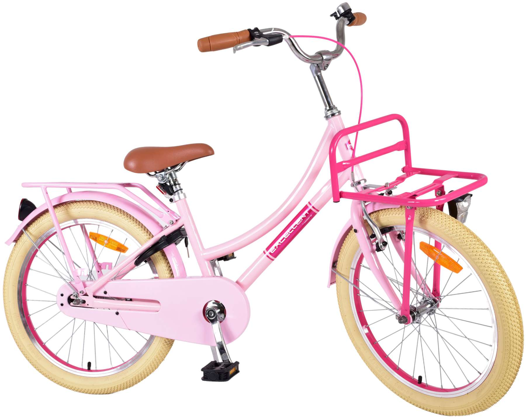 Rosa Fahrrad mit Korb, braunem Sitz und beigen Reifen. Gepäckträger hinten.