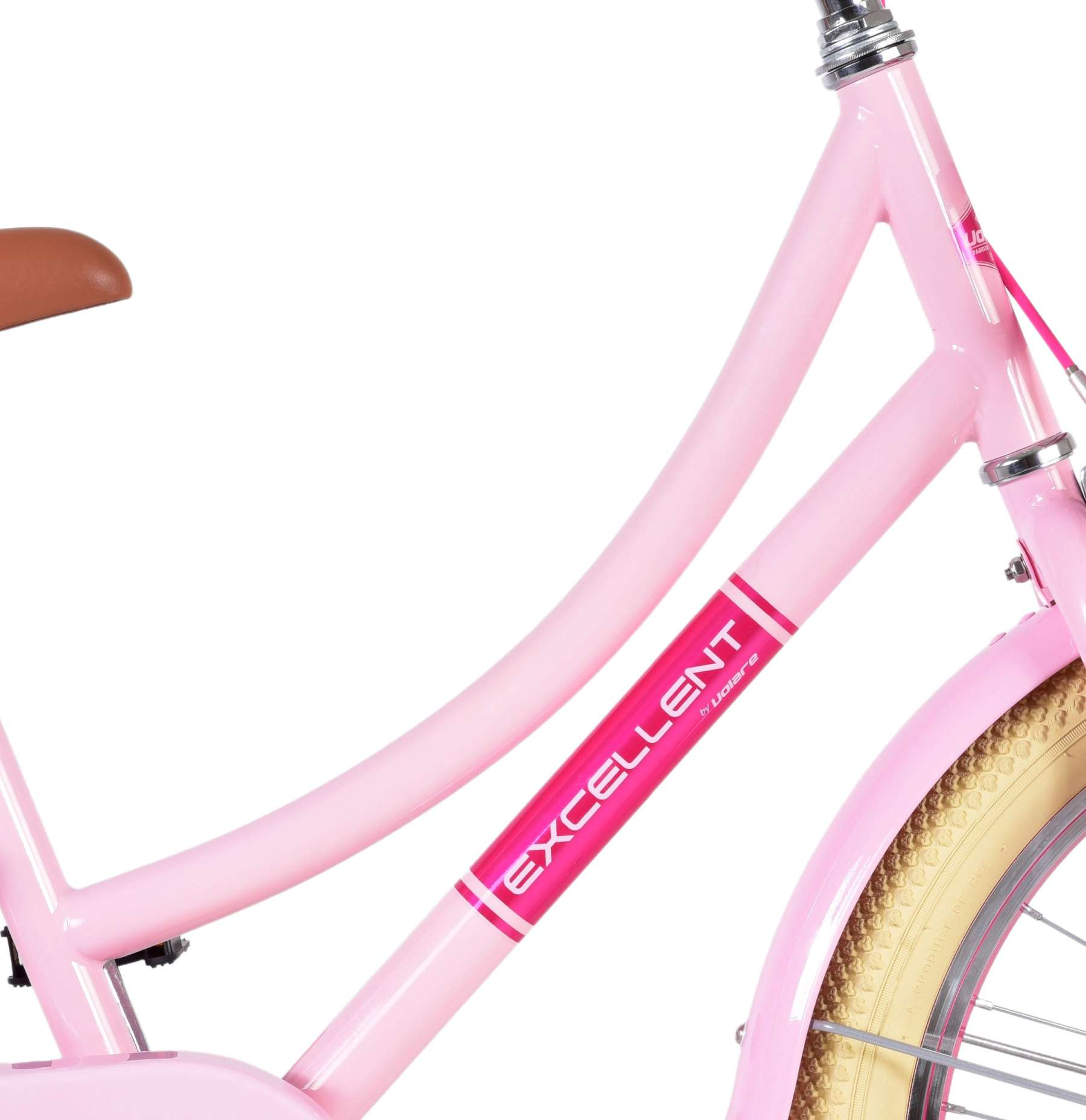 Rosa Fahrradrahmen mit dem Wort "EXCELLENT". Brauner Sattel sichtbar.