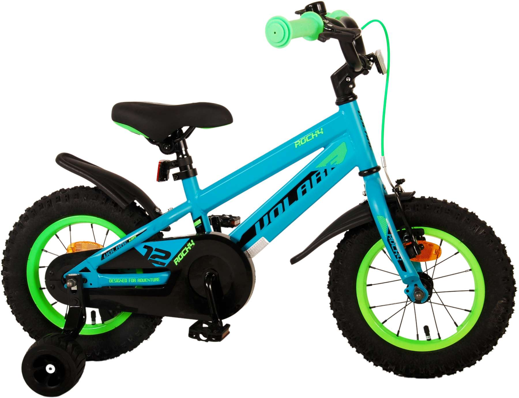 Blaues Fahrrad, Vorderansicht. Grüne Lenkergriffe und Räder. Schwarze Reifen und Stützräder.