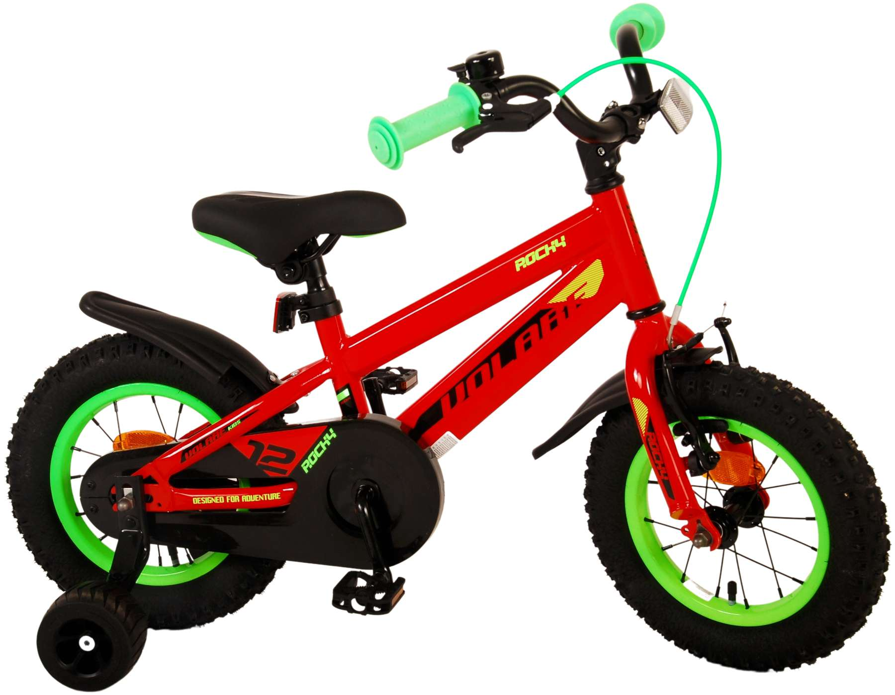 Ein rotes Volare Rocky Fahrrad mit grünen Rädern und Stützrädern.