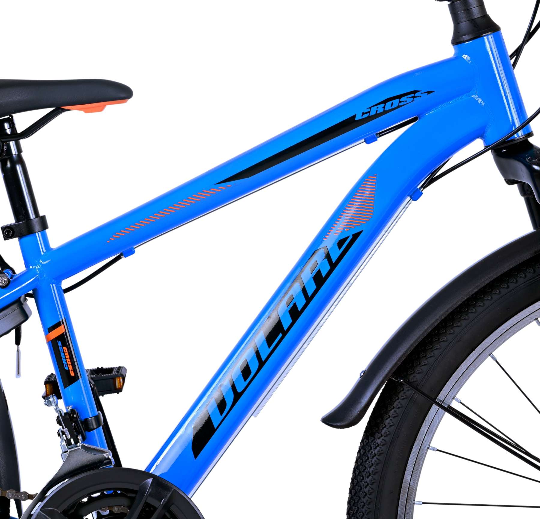 Blauer Fahrradrahmen mit dem Wort 'VOLARE' und einem schwarzen Kotflügel. Orangefarbene Details sichtbar.