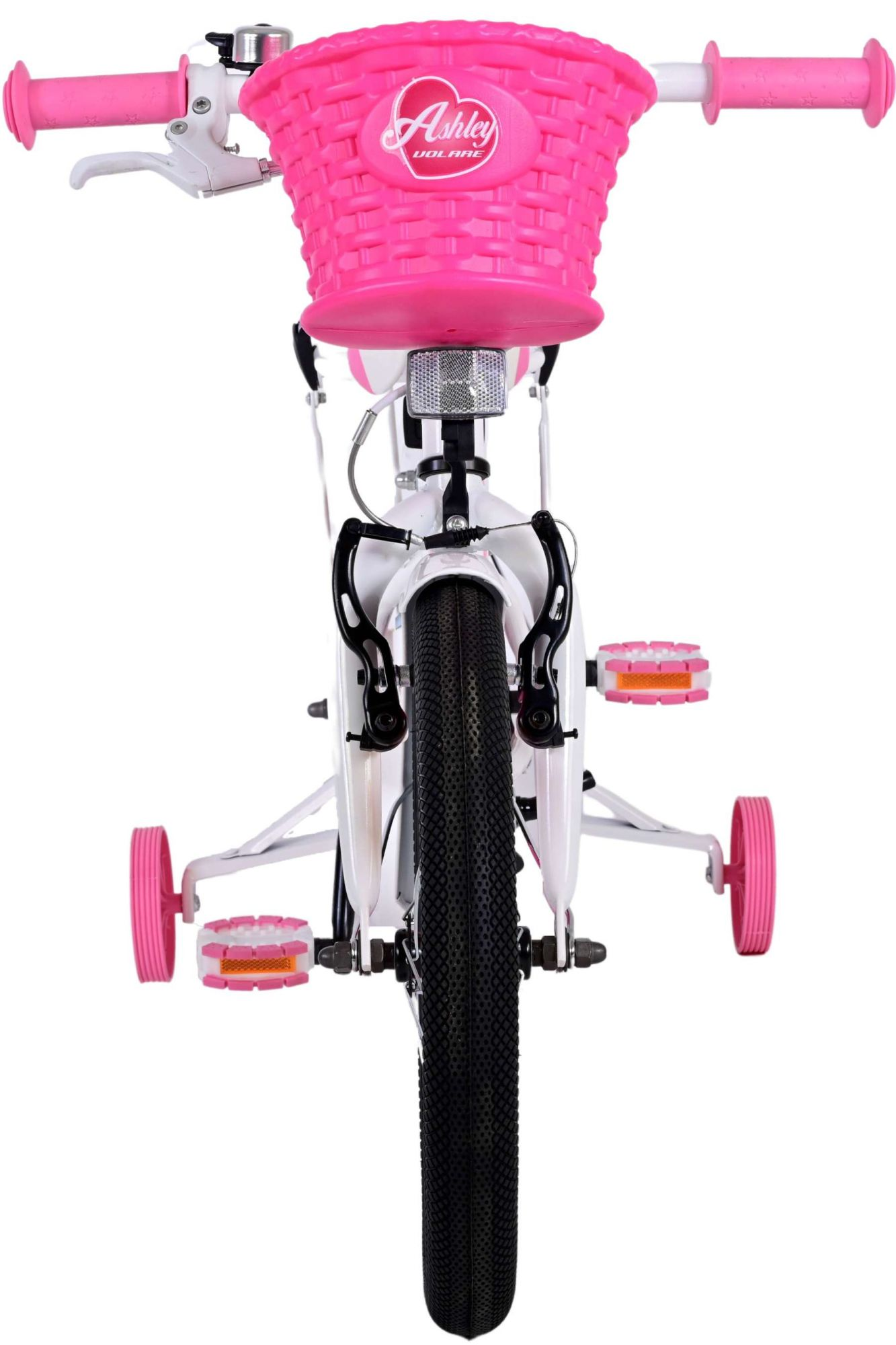 Rosa-weißes Kinderfahrrad. Rosa Korb vorne, Stützräder hinten.