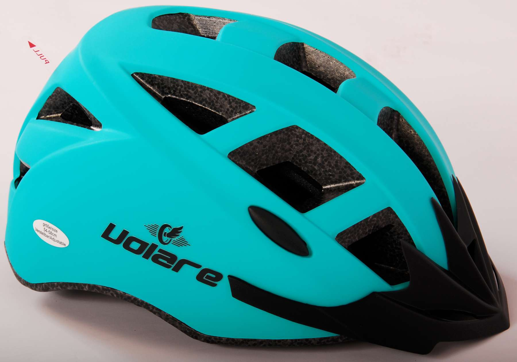 Blauer Volare Fahrradhelm mit schwarzen Visieren. Der Helm hat ein Logo und Aufkleberdetails.