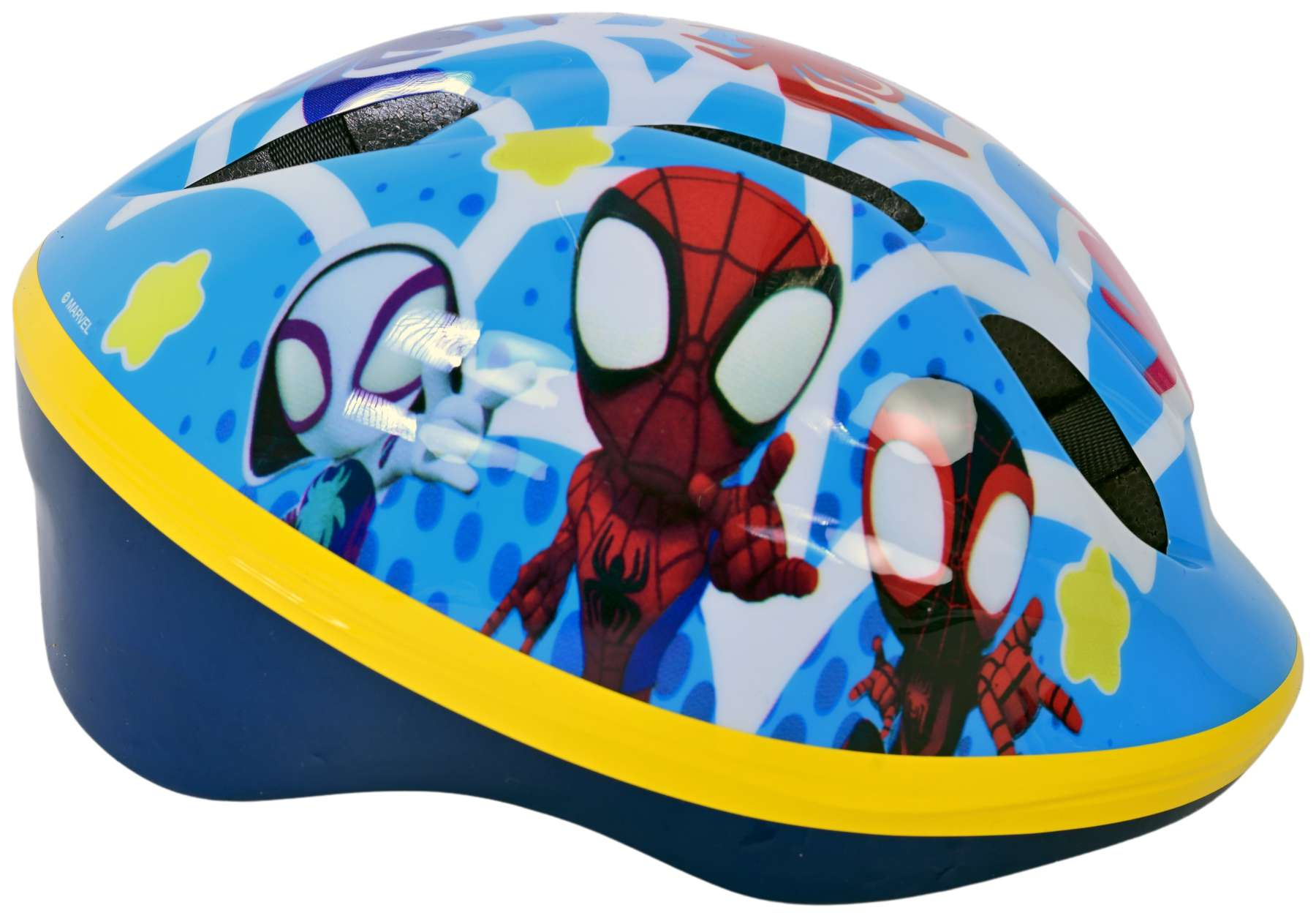 Blauer Spiderman-Helm mit Spiderman-Bildern und gelb-blauem Design. Weißer Hintergrund.