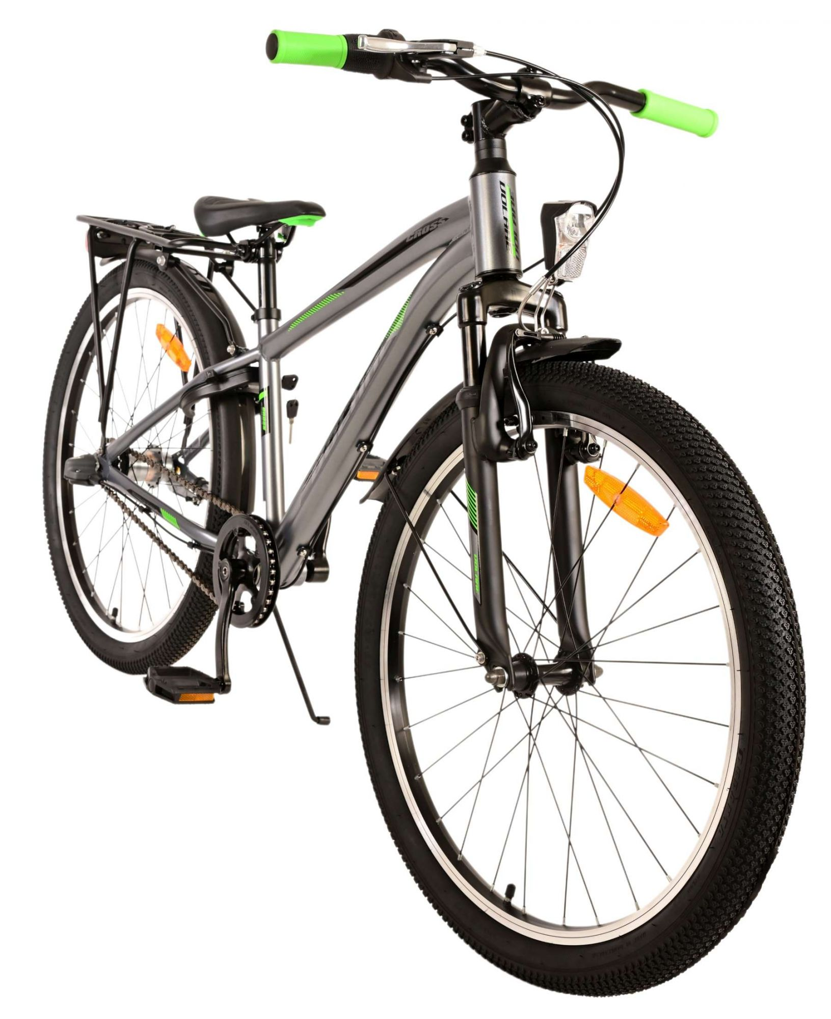 Ein graues Fahrrad mit grünen Lenkern und Akzenten sowie schwarzen Reifen.