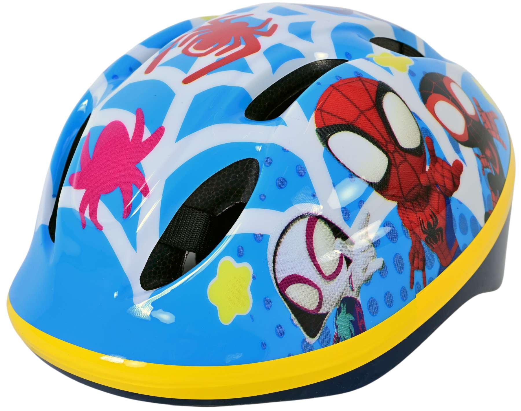 Blau-weißer Spiderman-Helm mit roten und rosa Spinnenmotiven und gelbem Rand. Der Helm ist neu.