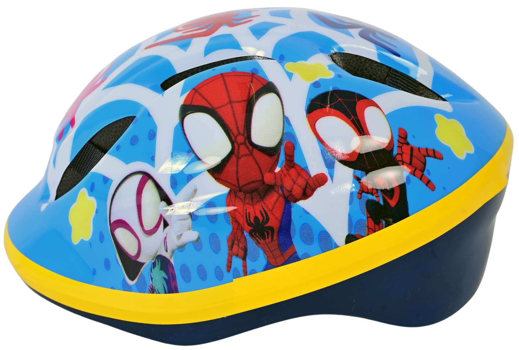 Spider-Man-Helm. Der Helm ist blau mit Spider-Man- und anderen Charaktergrafiken und einem gelben Rand.