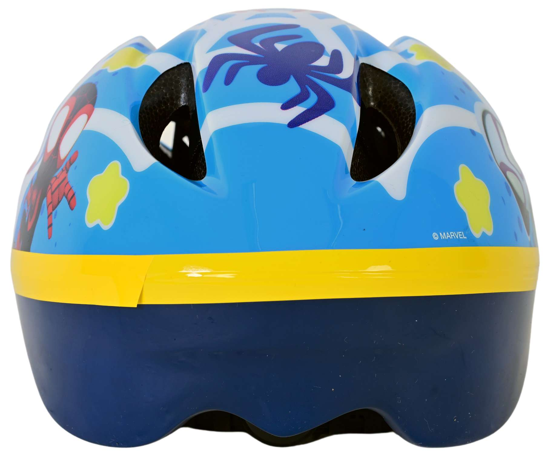 Blauer Spider-Man-Helm mit gelbem Streifen. Der Hintergrund ist weiß.