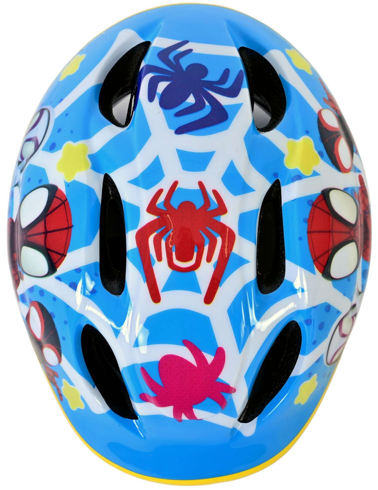Blauer Spider-Man-Helm mit Spinnennetz-Design, Spinnen und schwarzen Belüftungsöffnungen.
