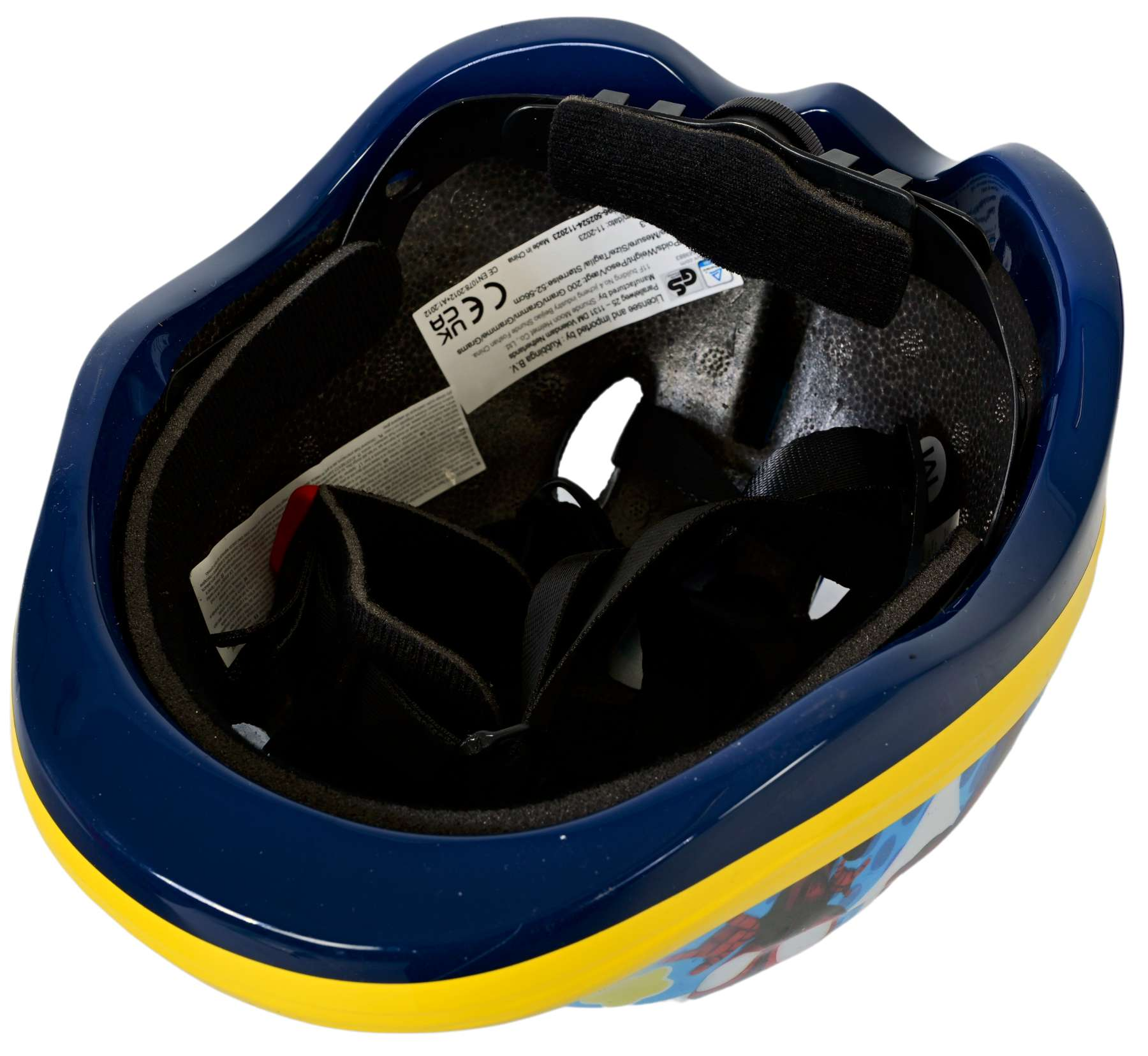 Blau-gelber Kinderhelm mit Polsterung und Gurten innen.