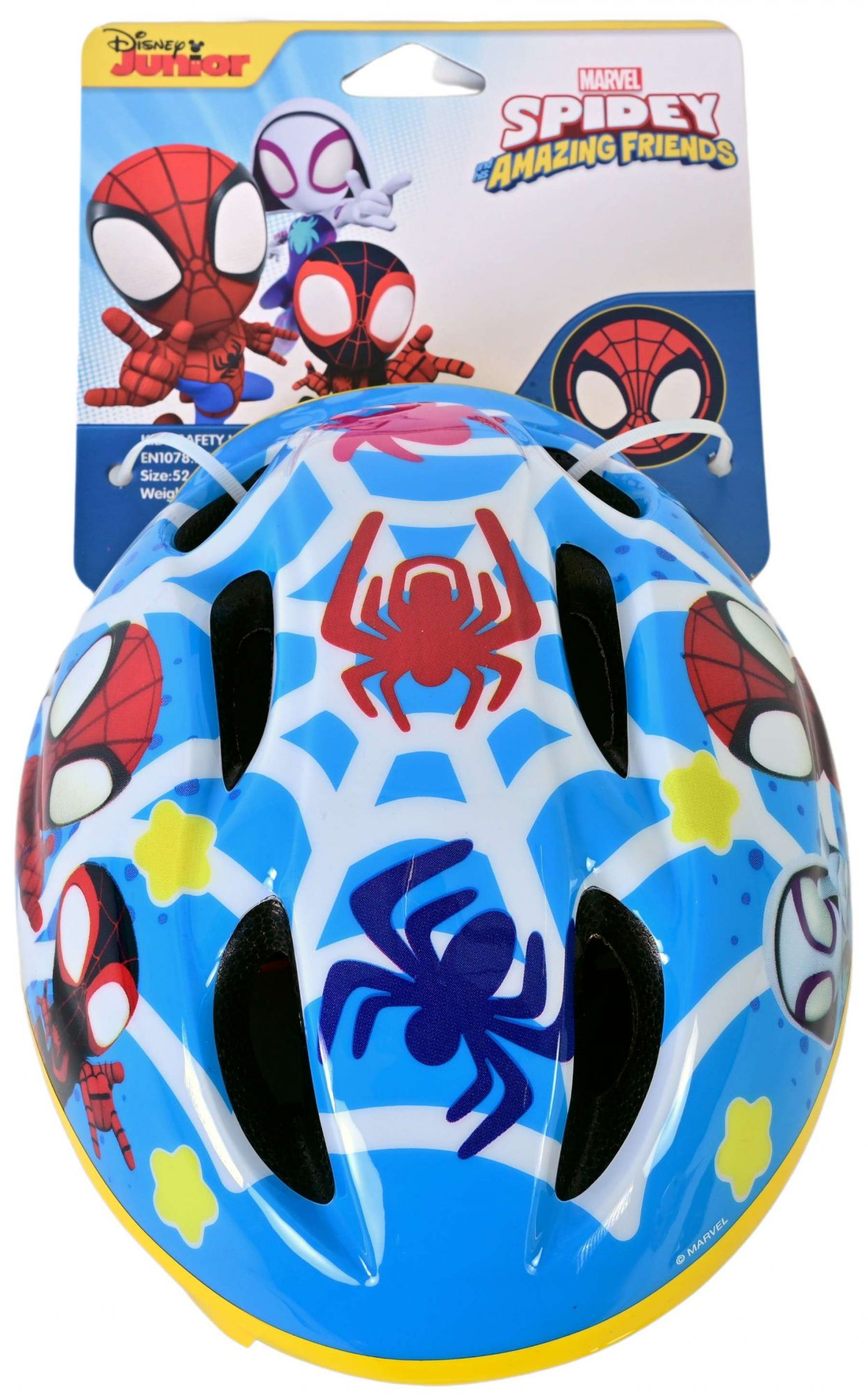 Ein blauer und gelber Spidey-Helm mit Marvel Spidey-Charakteren darauf.