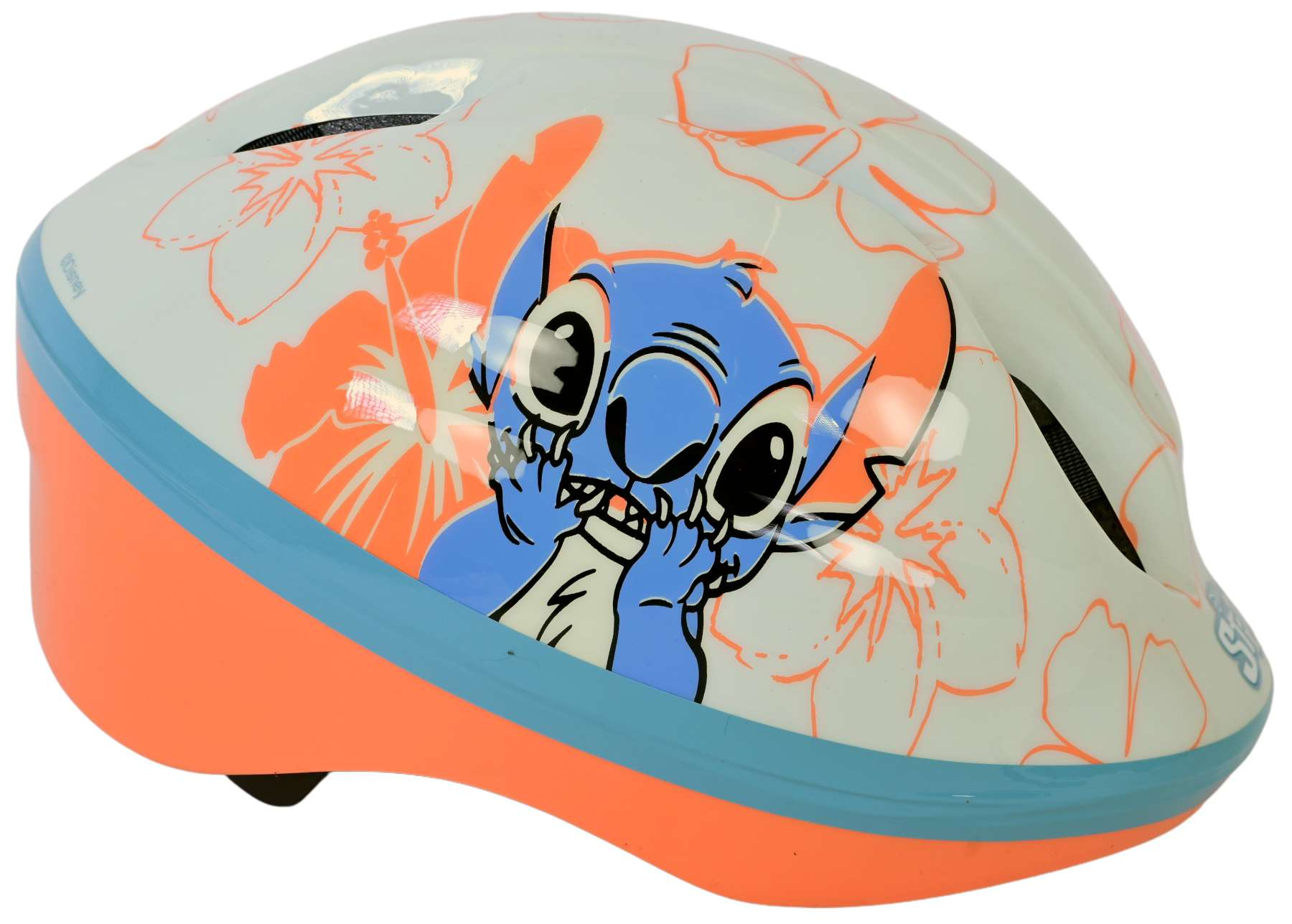 Fahrradhelm für Kinder mit Stitch-Design. Hellblaue und orangefarbene Farben. Blumenmuster.