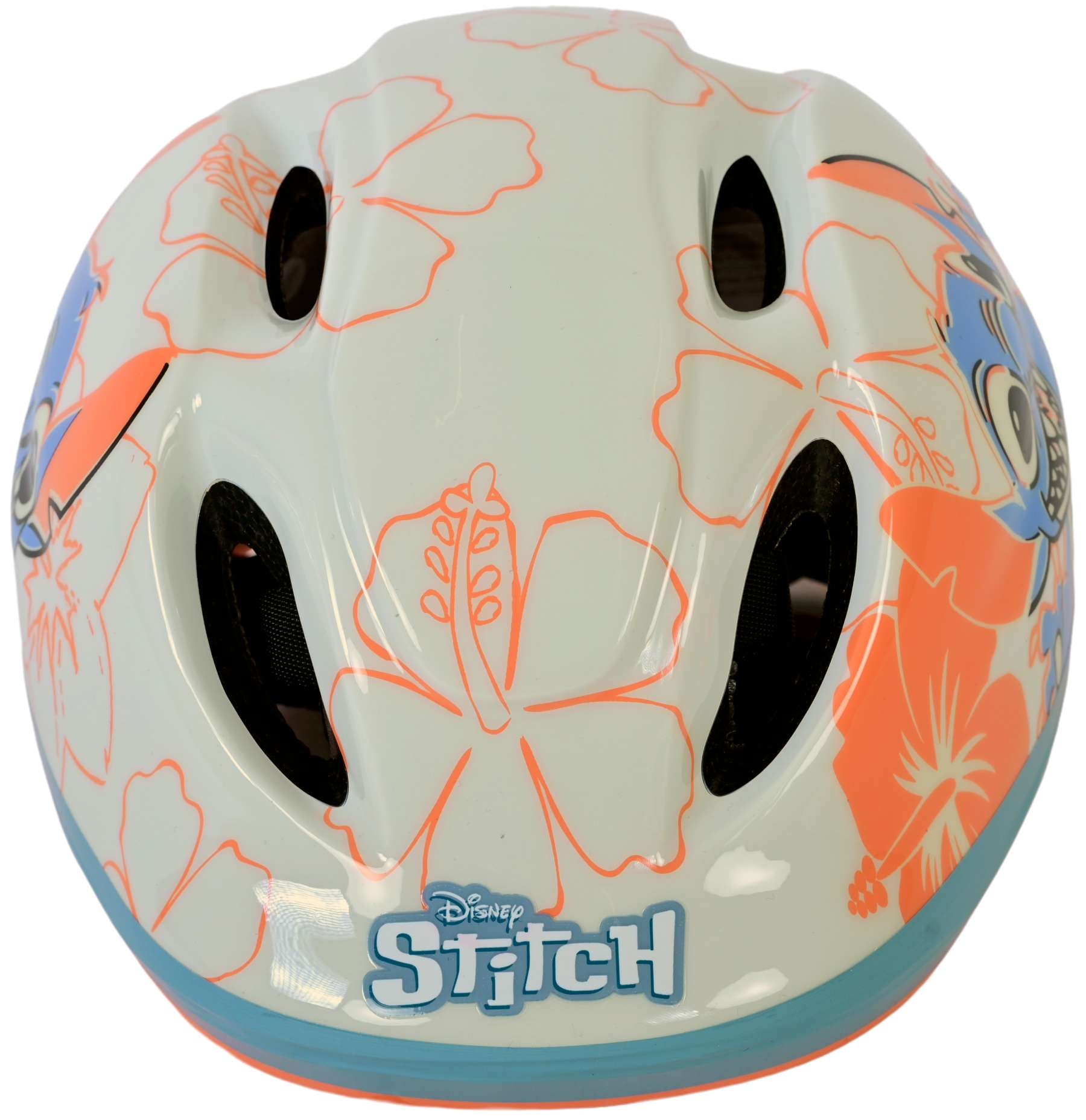 Ein weißer Kinderhelm mit Disney Stitch-Design. Orangefarbene und blaue Details. Weißer Hintergrund.