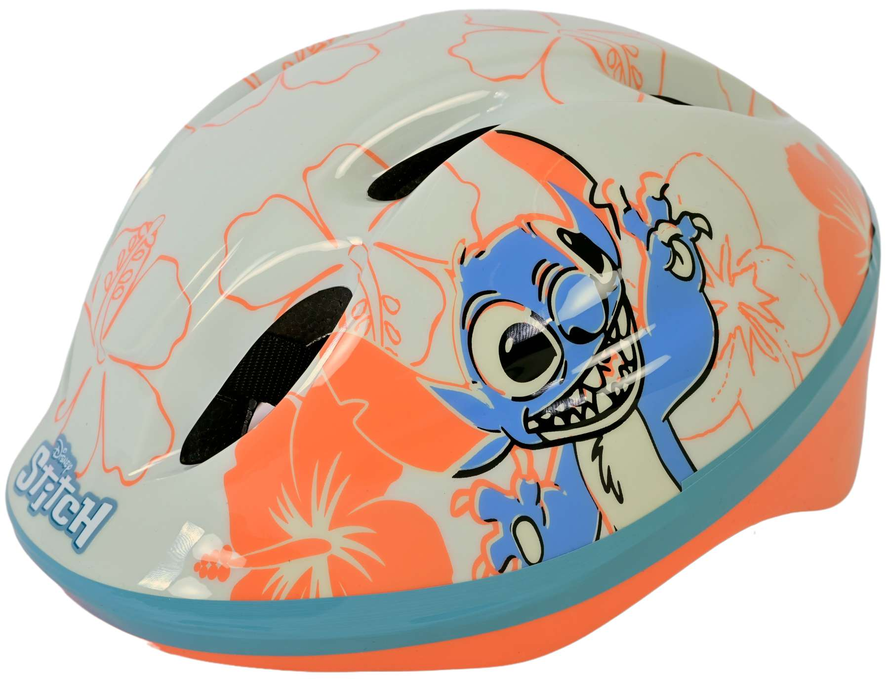Ein Kinderhelm mit Stitch-Design, mit blauen und orangen Farben auf weißem Grund.