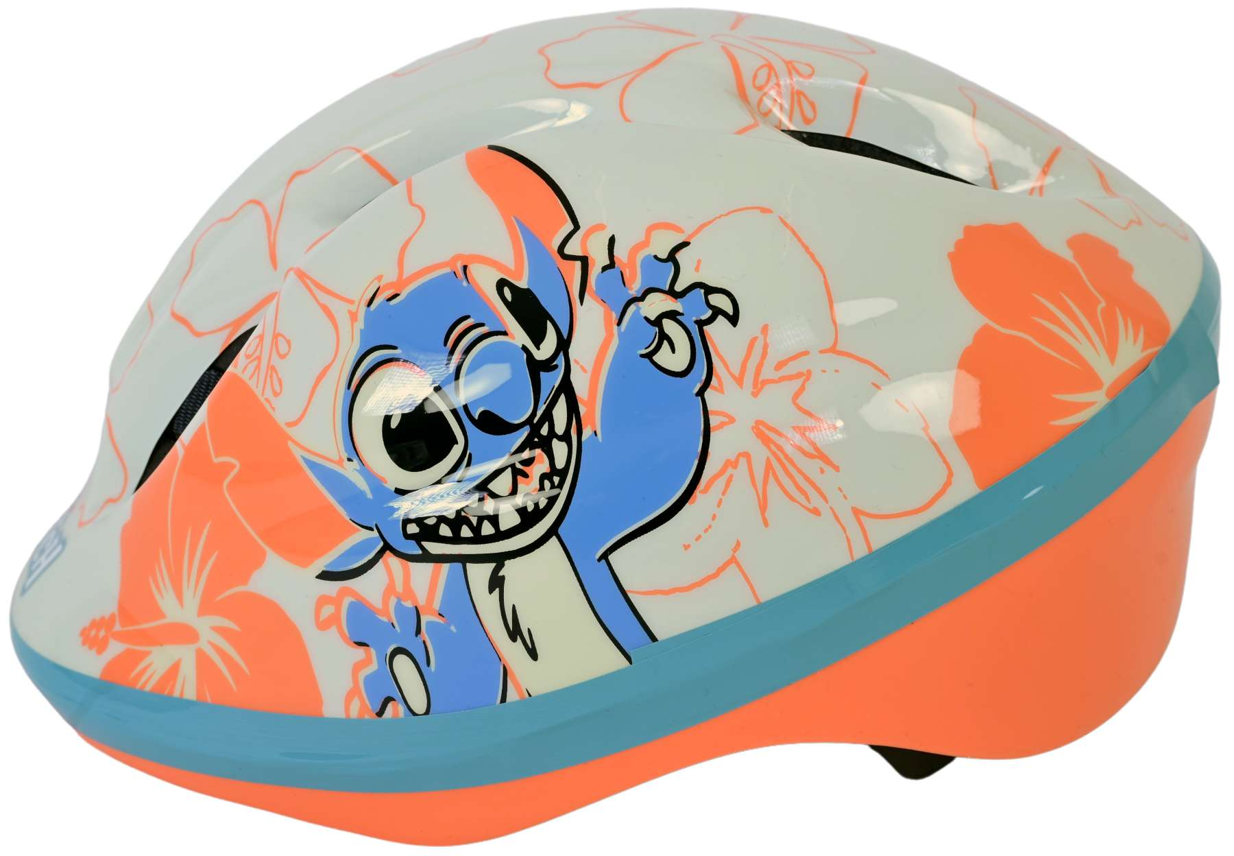 Weißer Kinderhelm mit Stitch-Design, orangefarbenen und blauen Details. Ein lustiger Helm für Kinder.