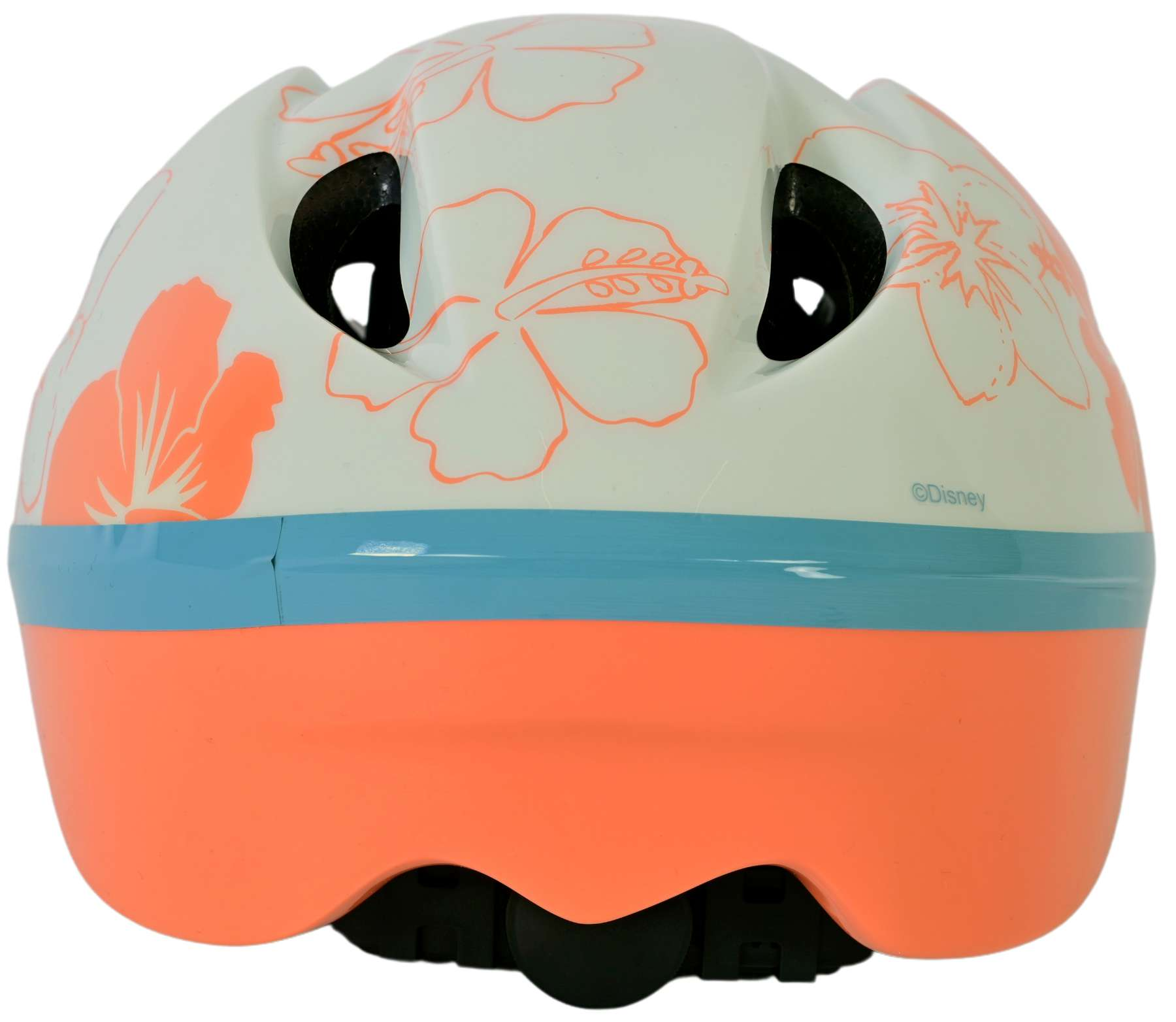 Ein weiß-oranger Fahrradhelm mit floralen Designs und einem blauen Streifen.
