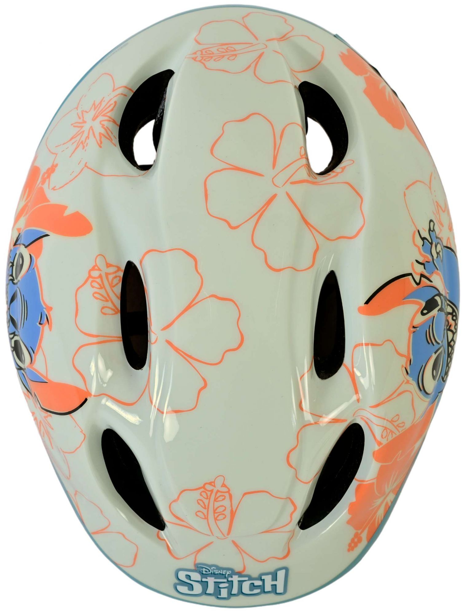 Weißer Fahrradhelm mit rosa-orangenem Blumendesign und Stitch-Figur.