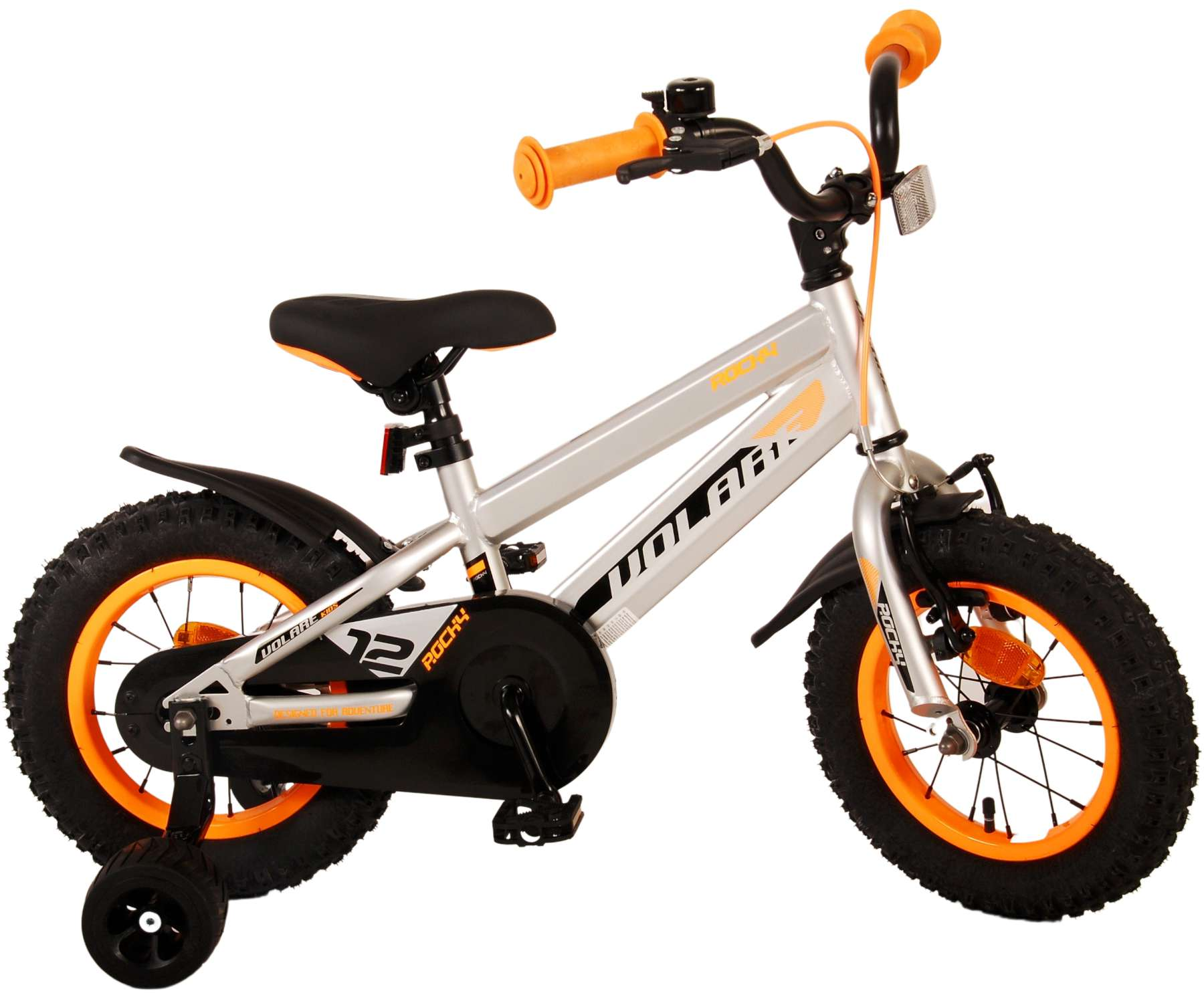Silber-orangenes Fahrrad mit Stützrädern, schwarzen Reifen und dem Wort 'VOLARE'.