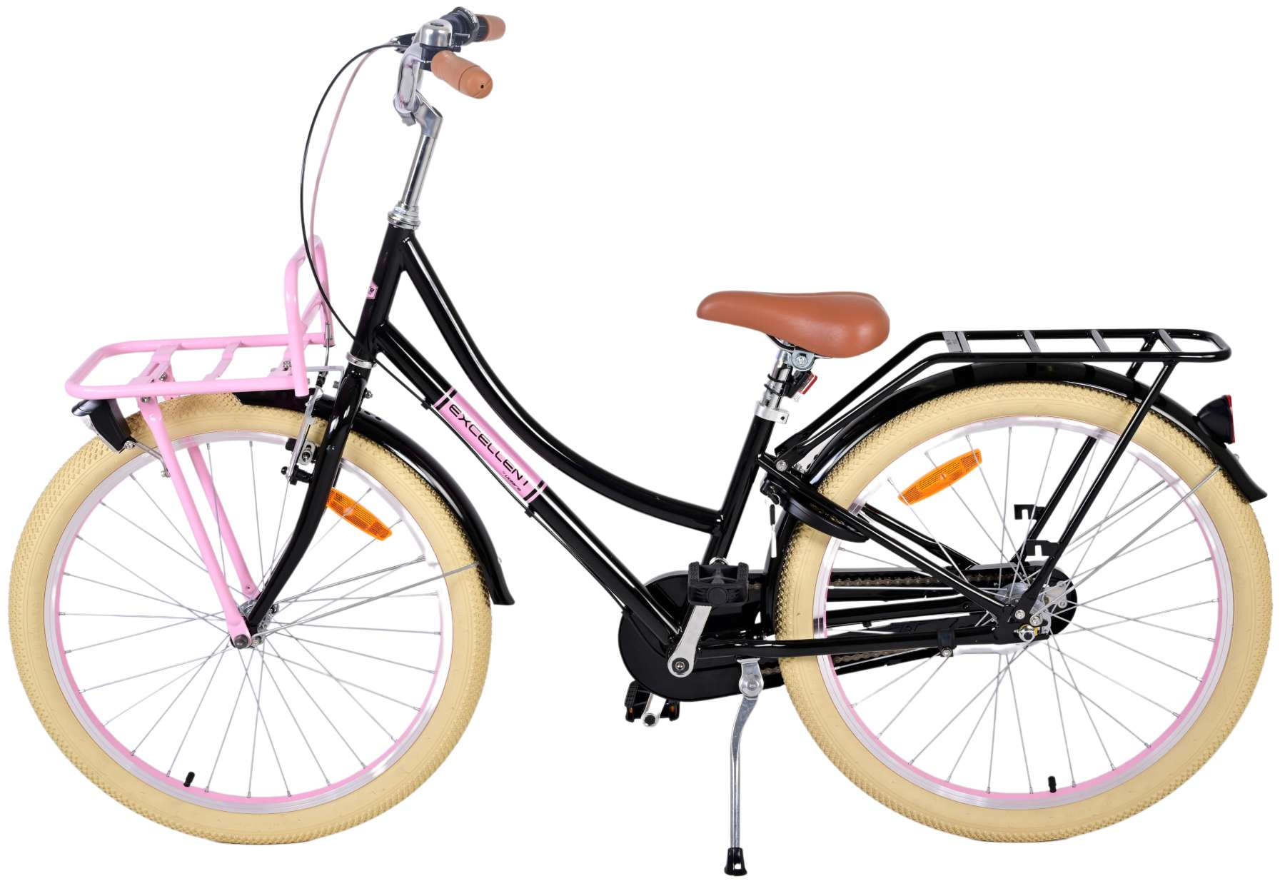 Schwarzes Fahrrad mit rosa Akzenten, Korb, braunem Sitz und beigefarbenen Reifen.