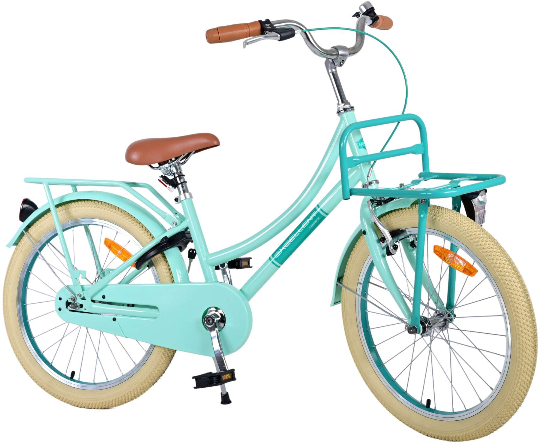 Ein mintgrünes Fahrrad mit braunem Sitz, Korb und Rädern, neutraler Hintergrund.