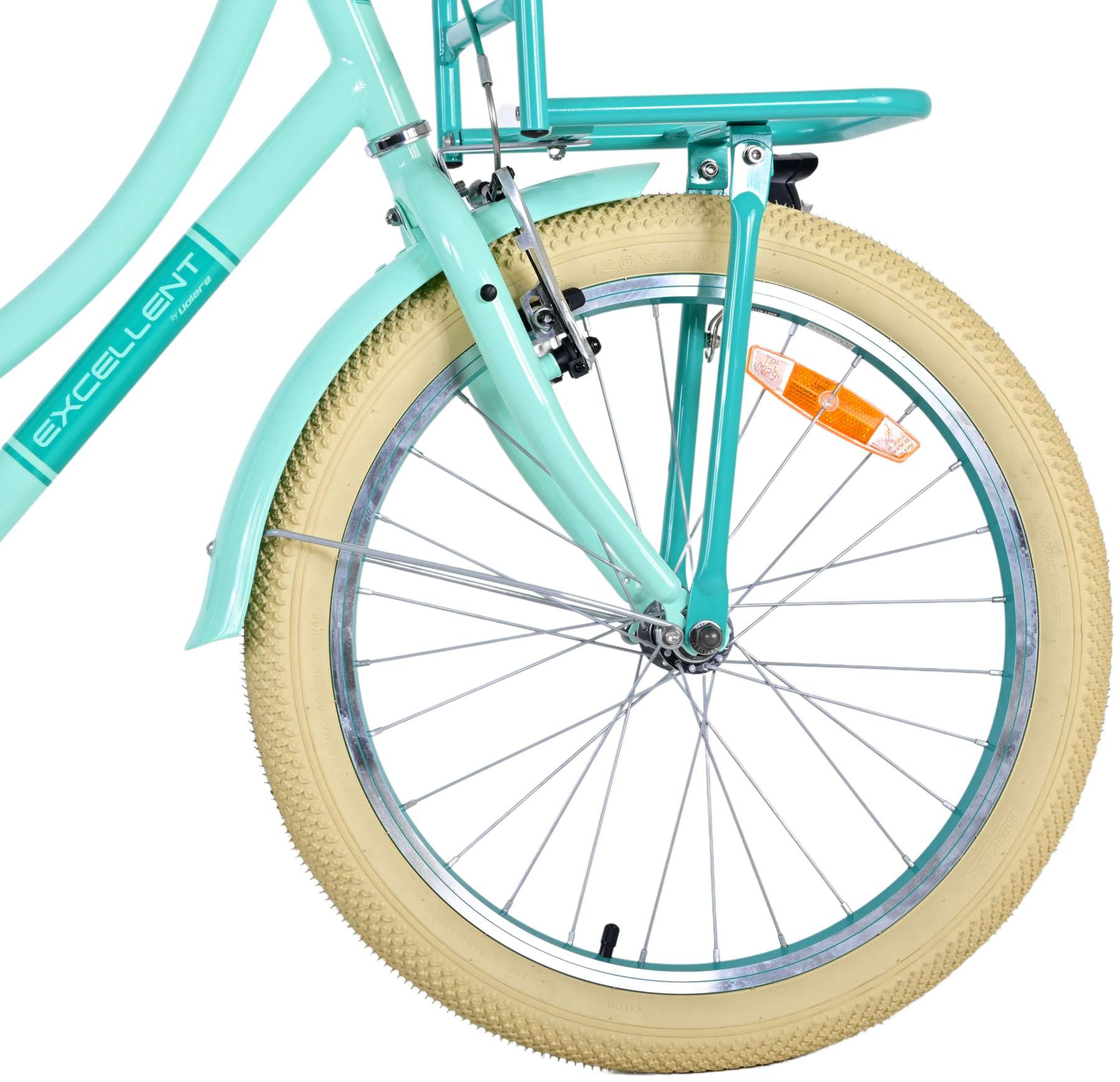 Mintgrünes Fahrrad, Vorderrad mit beigem Reifen und grünem Rahmen.