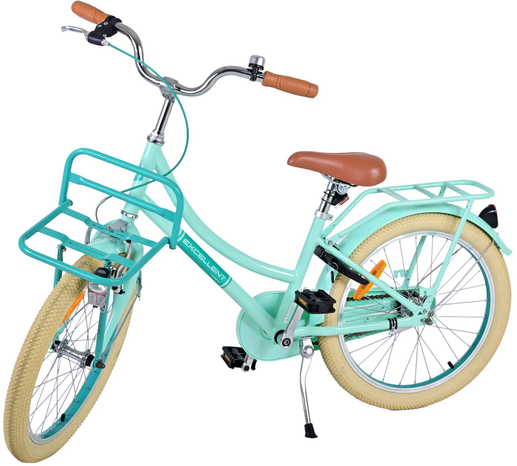 Ein türkisfarbenes Fahrrad mit braunem Sitz, einem Frontkorb und cremefarbenen Reifen.