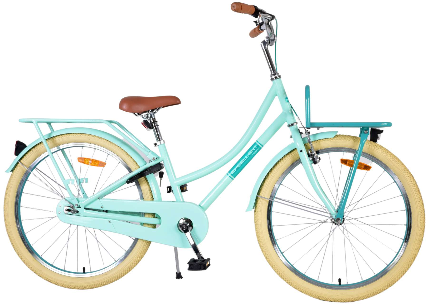 Minzgrünes Fahrrad mit braunem Sattel, hellen Reifen, einem Korb und einem Gepäckträger. Das Fahrrad hat eine silberne Klingel.
