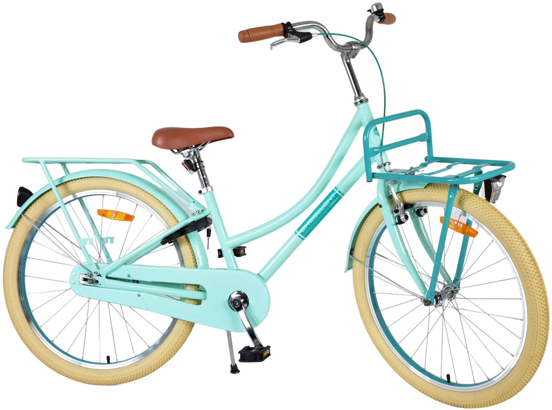 Mintgrünes City-Fahrrad mit Frontkorb, braunem Sattel und cremefarbenen Reifen.