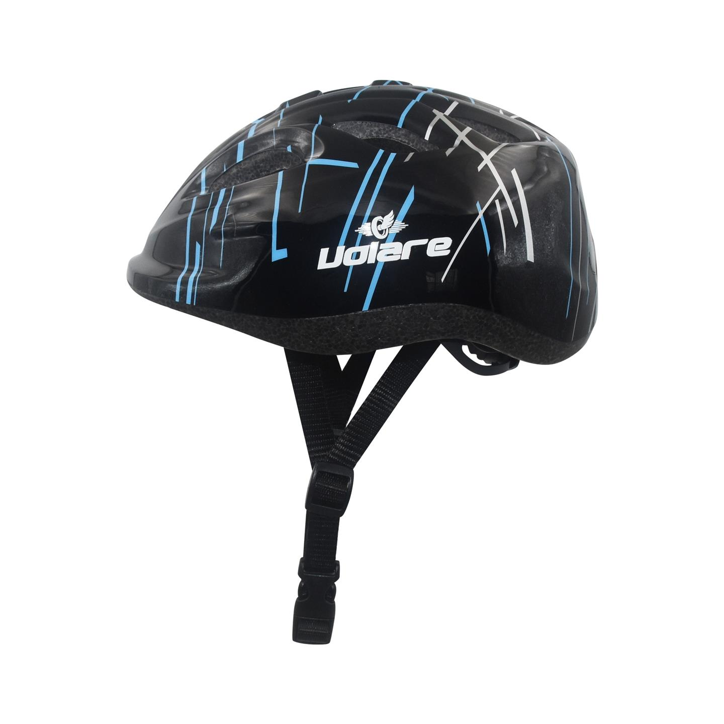 Ein schwarzer Volare-Helm mit blauen und weißen Streifen.