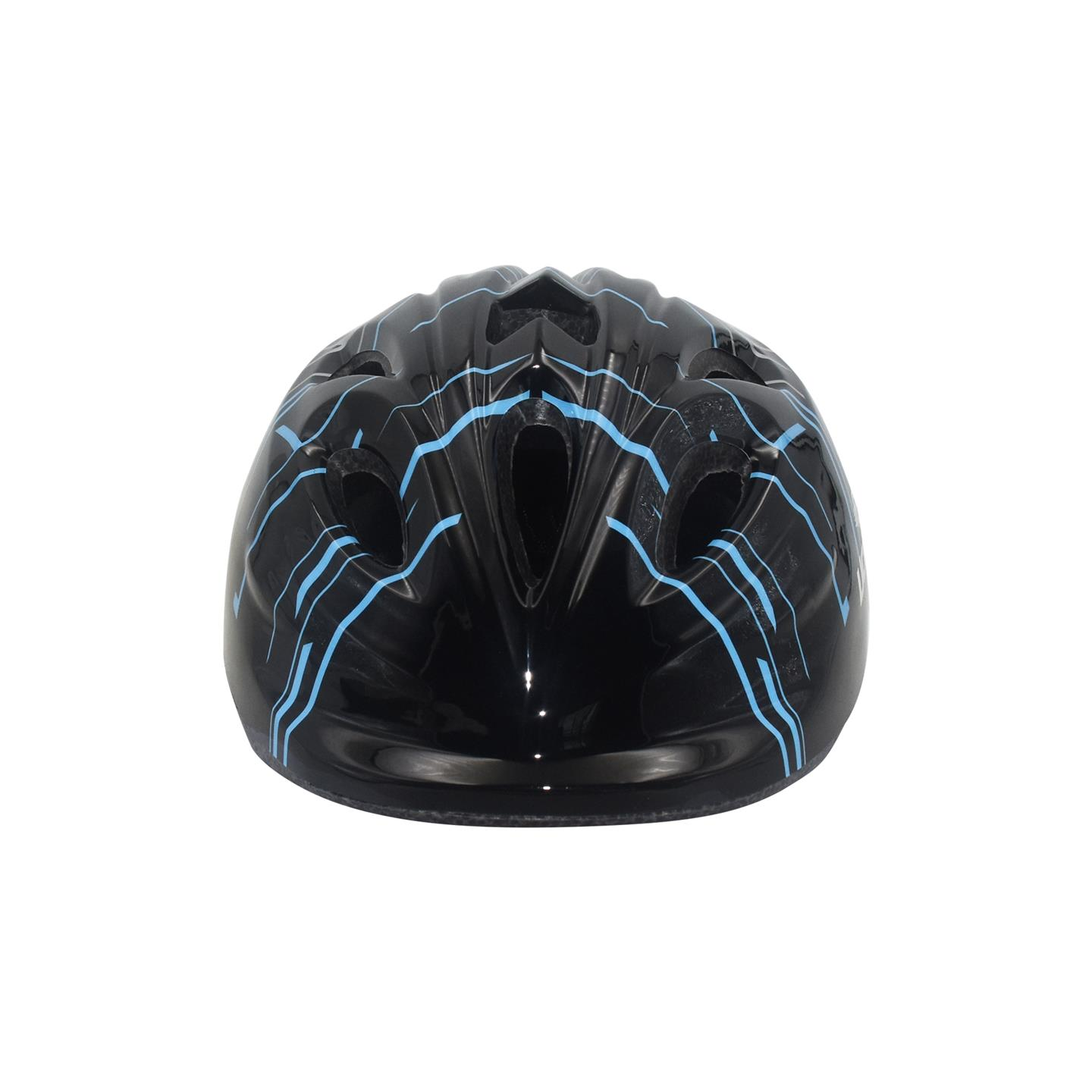 Schwarzer Fahrradhelm mit blauem Blitzdesign.