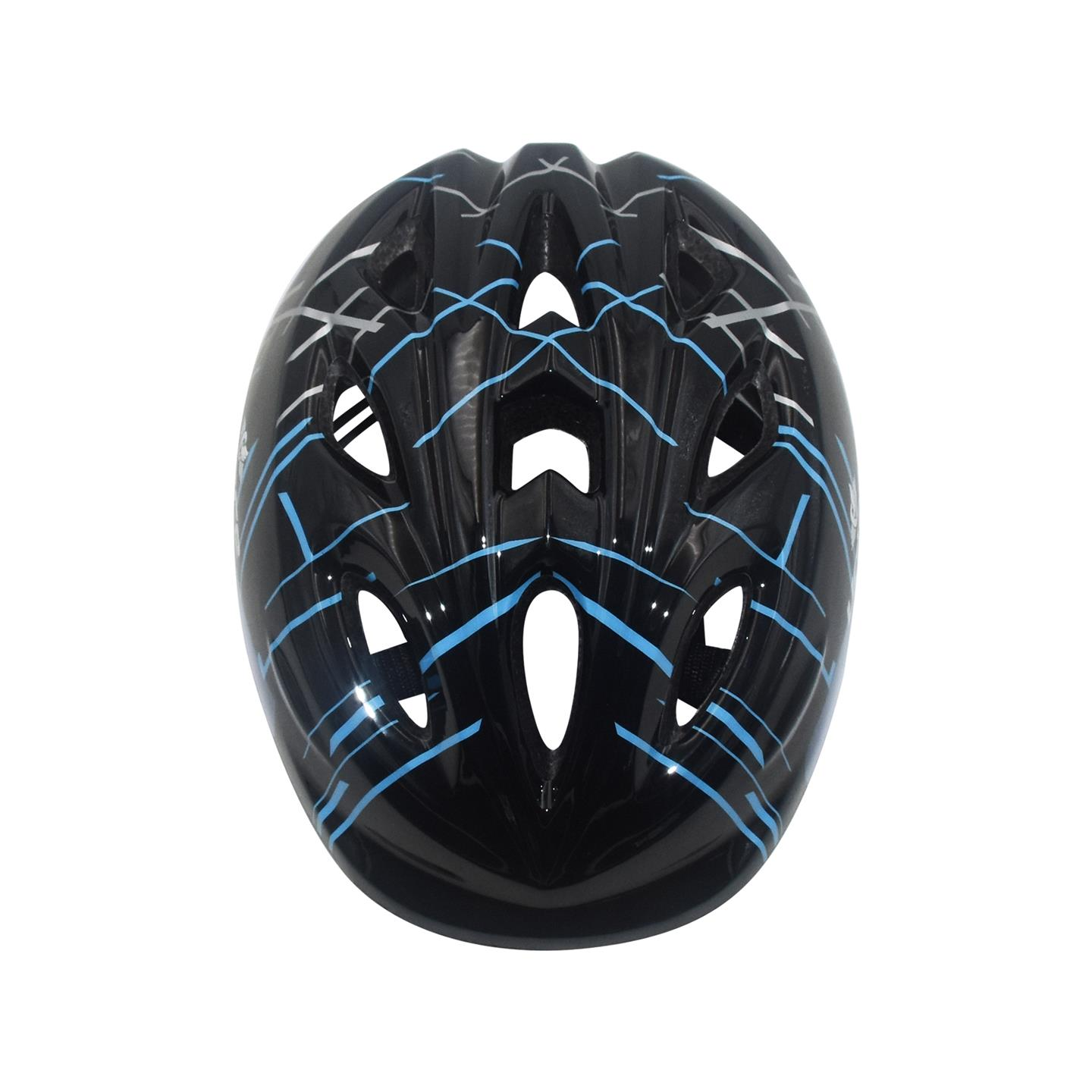 Ein schwarzer Fahrradhelm mit blauen und silbernen Linien.