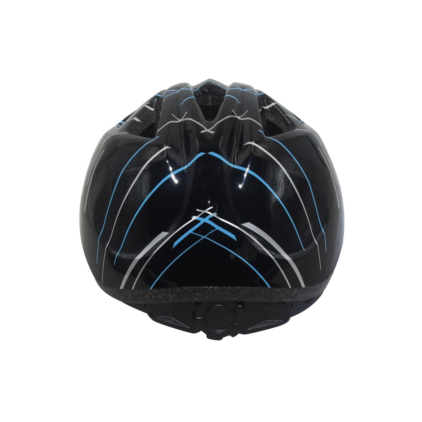 Ein schwarzer Fahrradhelm mit blauem und silbernem Design. Der Helm hat eine abgerundete Form.