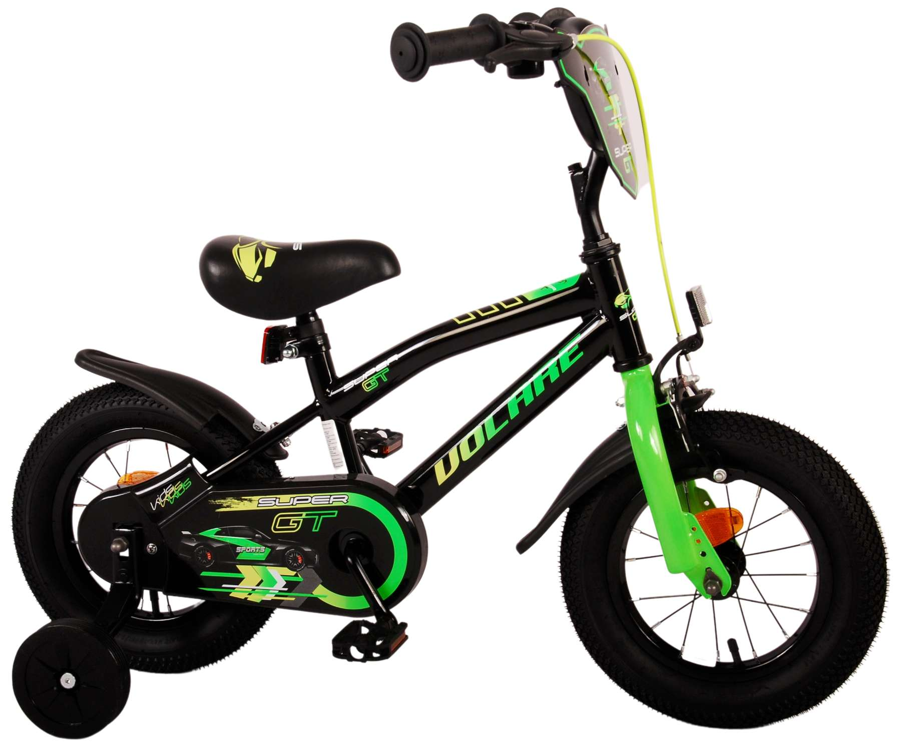 Schwarz-grünes Kinderfahrrad mit Stützrädern, schwarzen Reifen und grünen Akzenten.