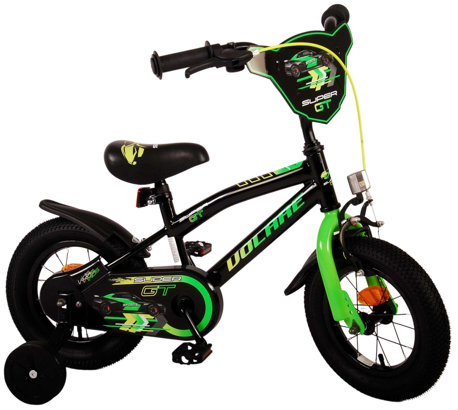 Ein schwarzes und grünes Kinderfahrrad mit dem Schriftzug 'Super GT' auf dem Rahmen.