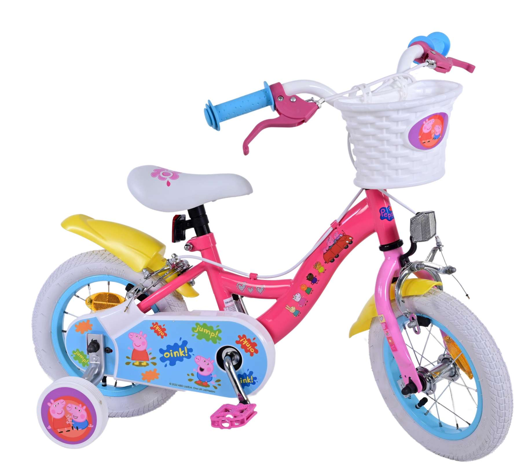 Ein rosa Kinderfahrrad mit Peppa Wutz-Design, weißem Korb und Stützrädern.