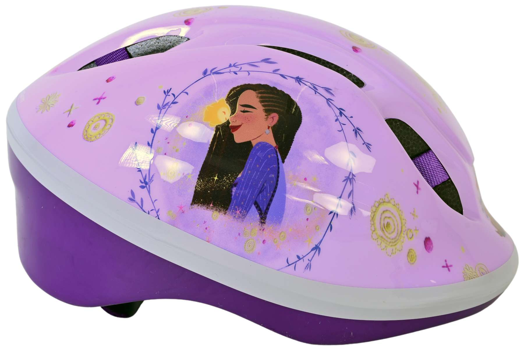 Ein lila und pinkfarbener Fahrradhelm mit einer Cartoon-Frau darauf.