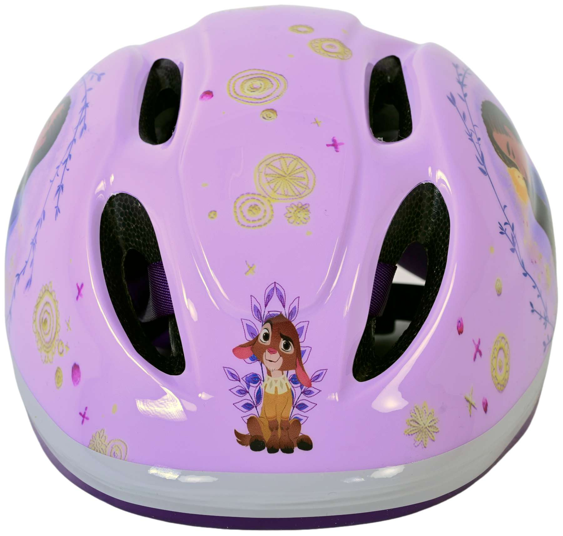Lila Fahrradhelm mit Cartoon-Illustrationen. Mit Hase und floralen Designs.