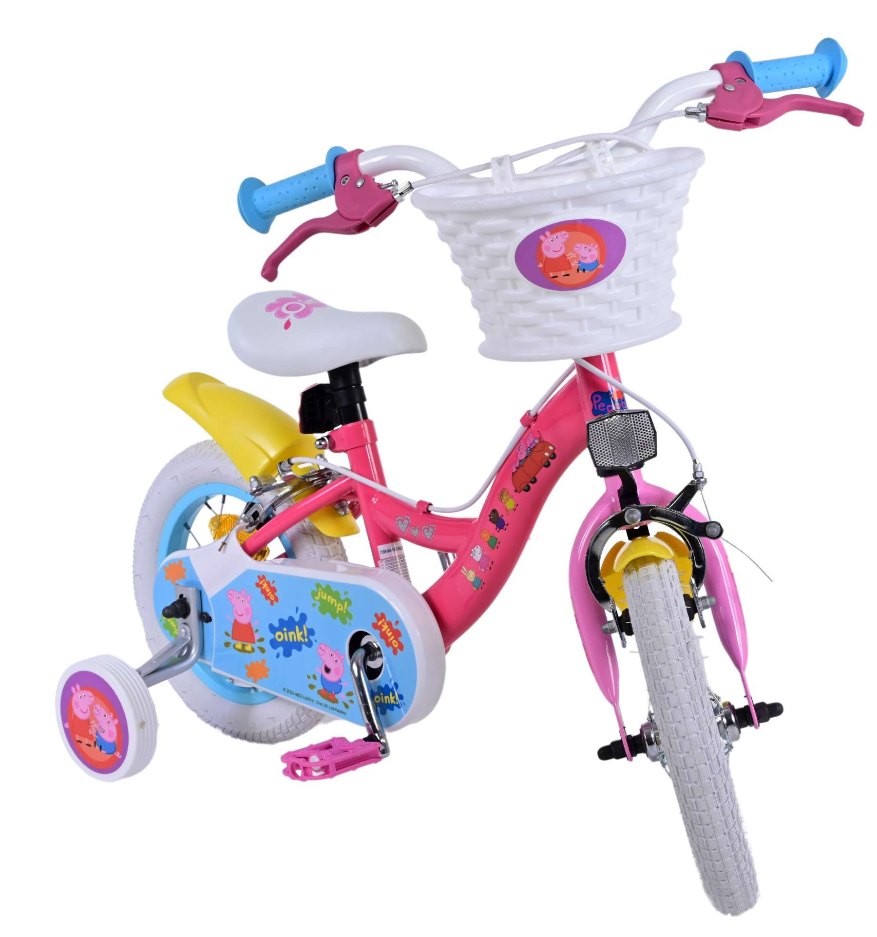 Rosa Fahrrad mit weißem Korb und Stützrädern. Peppa Wutz-Thema. Weiße Reifen und ein rosa Rahmen.