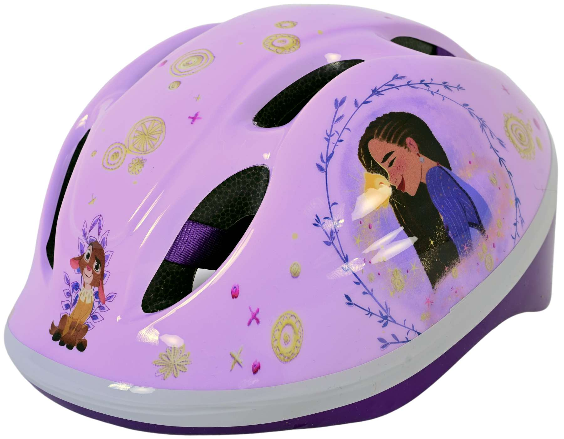 Lilafarbener Kinderfahrradhelm mit Mädchengesicht und dekorativen Elementen.