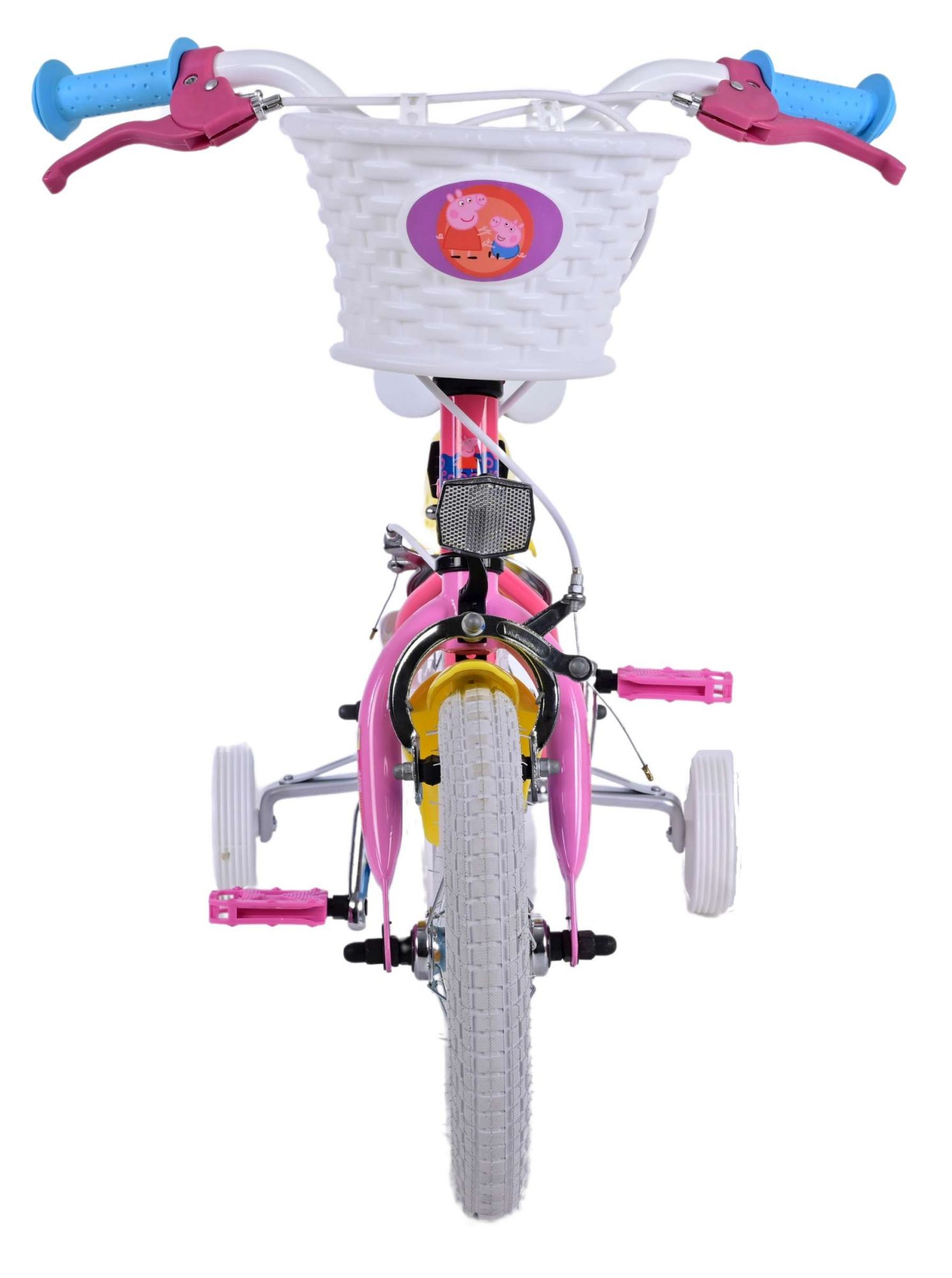 Rosa Kinderfahrrad mit Peppa Wutz Korb, Stützrädern und blau-rosa Akzenten.