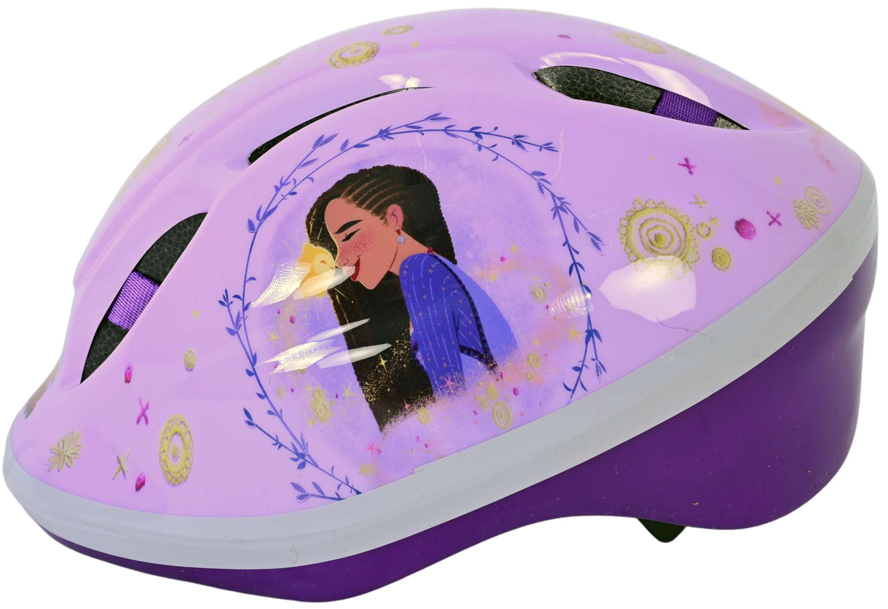 Lilafarbener Fahrradhelm mit Mädchen-Design, goldenen Akzenten. Er hat ein lila-weißes Farbschema.