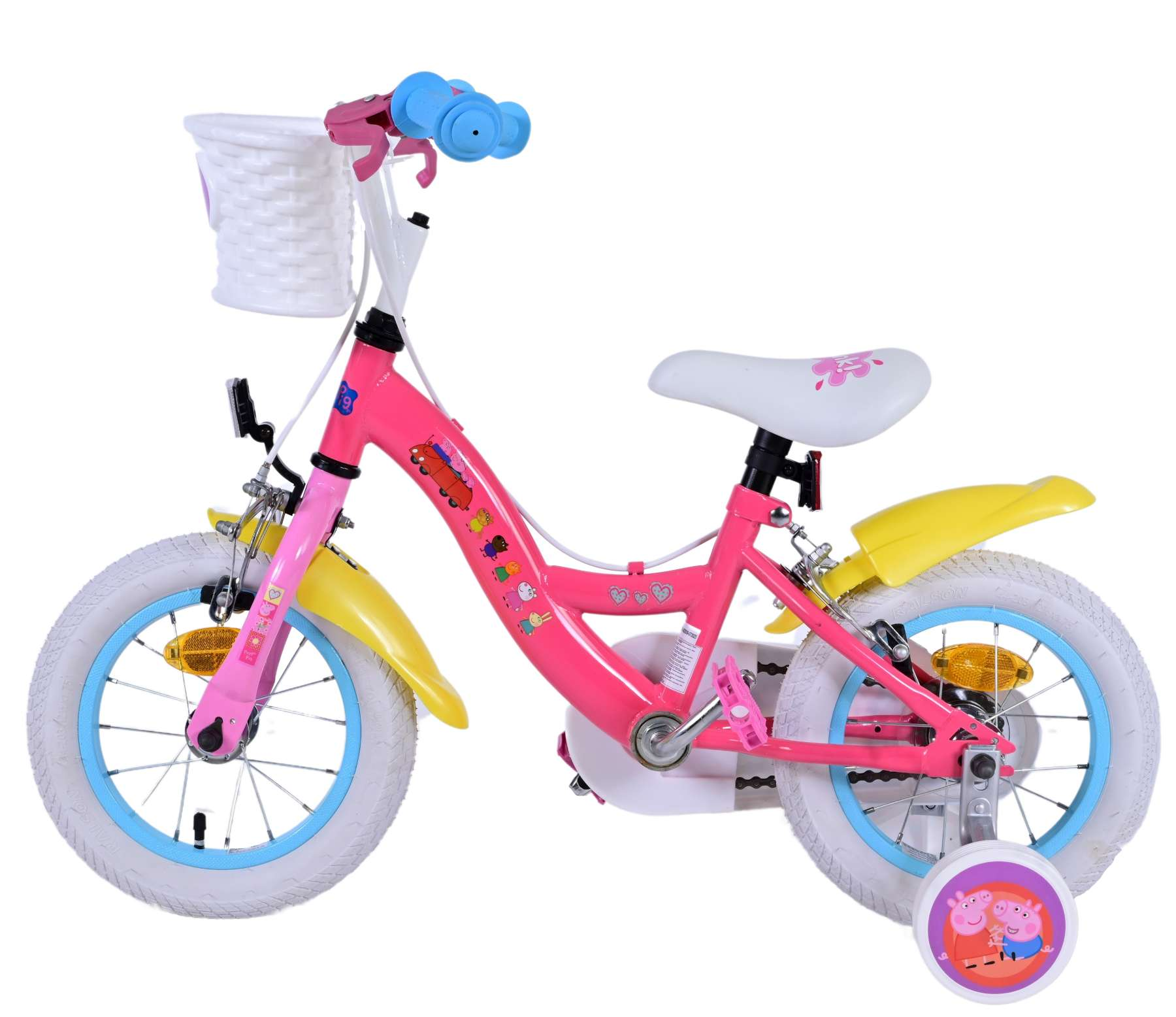 Rosa Kinderfahrrad mit weißem Korb, Stützrädern und Peppa Wutz Design.